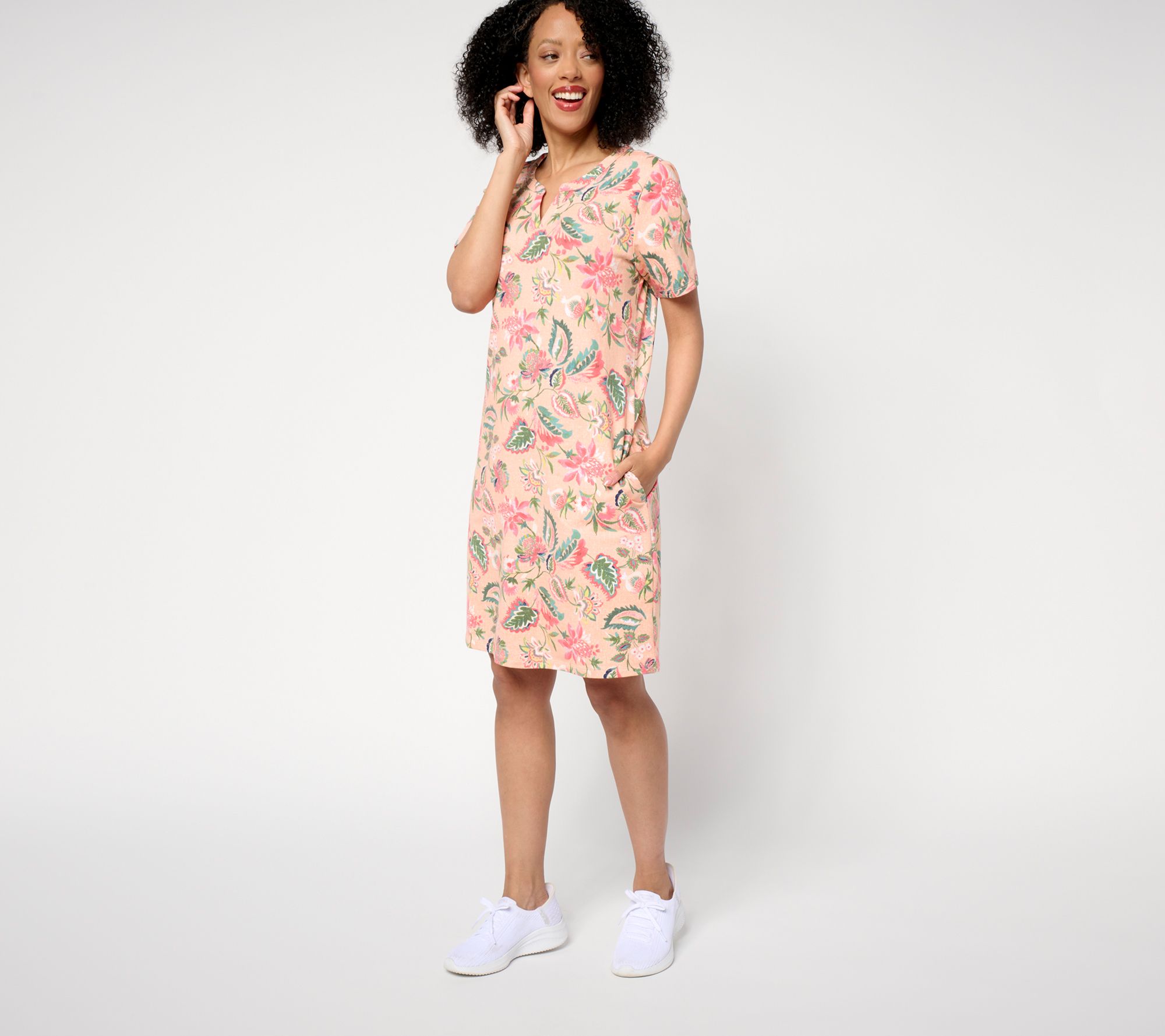 "As Is" Denim & Co. Active Petite French Terry Split Neck Dress