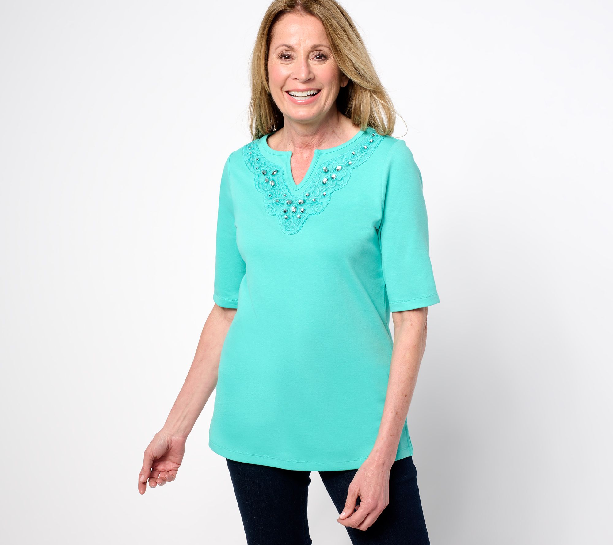 "As Is" Quacker Factory Lace Embellished Split V Elbow Sleeve Top