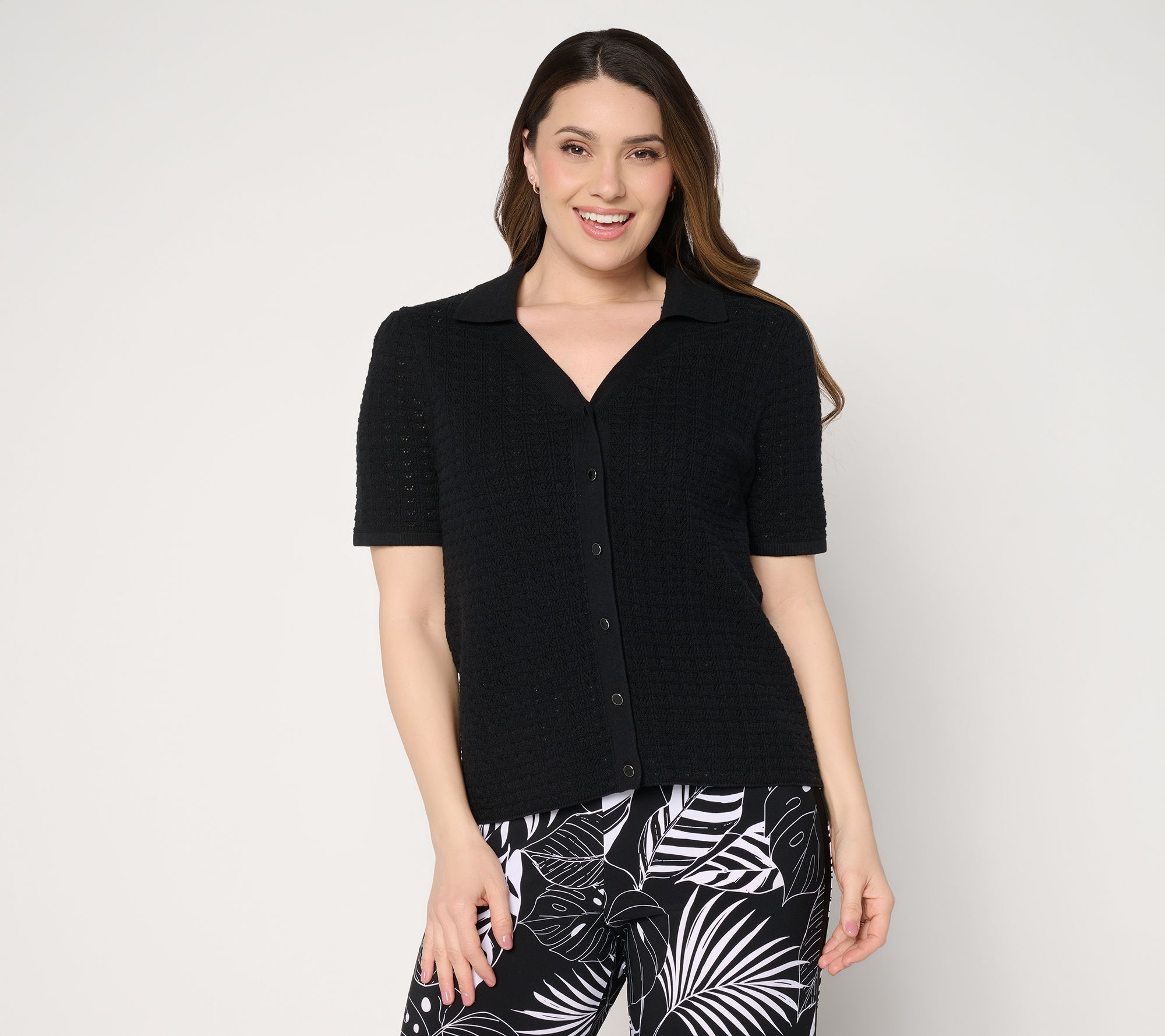 Dennis Basso Button Front Crochet Cardigan