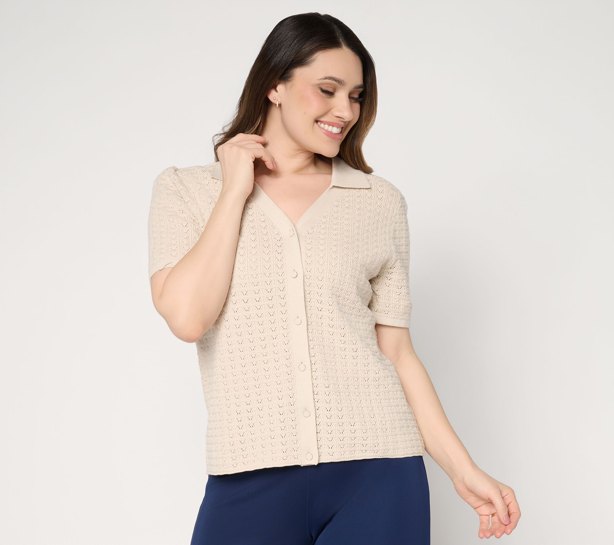 Dennis Basso Button Front Crochet Cardigan