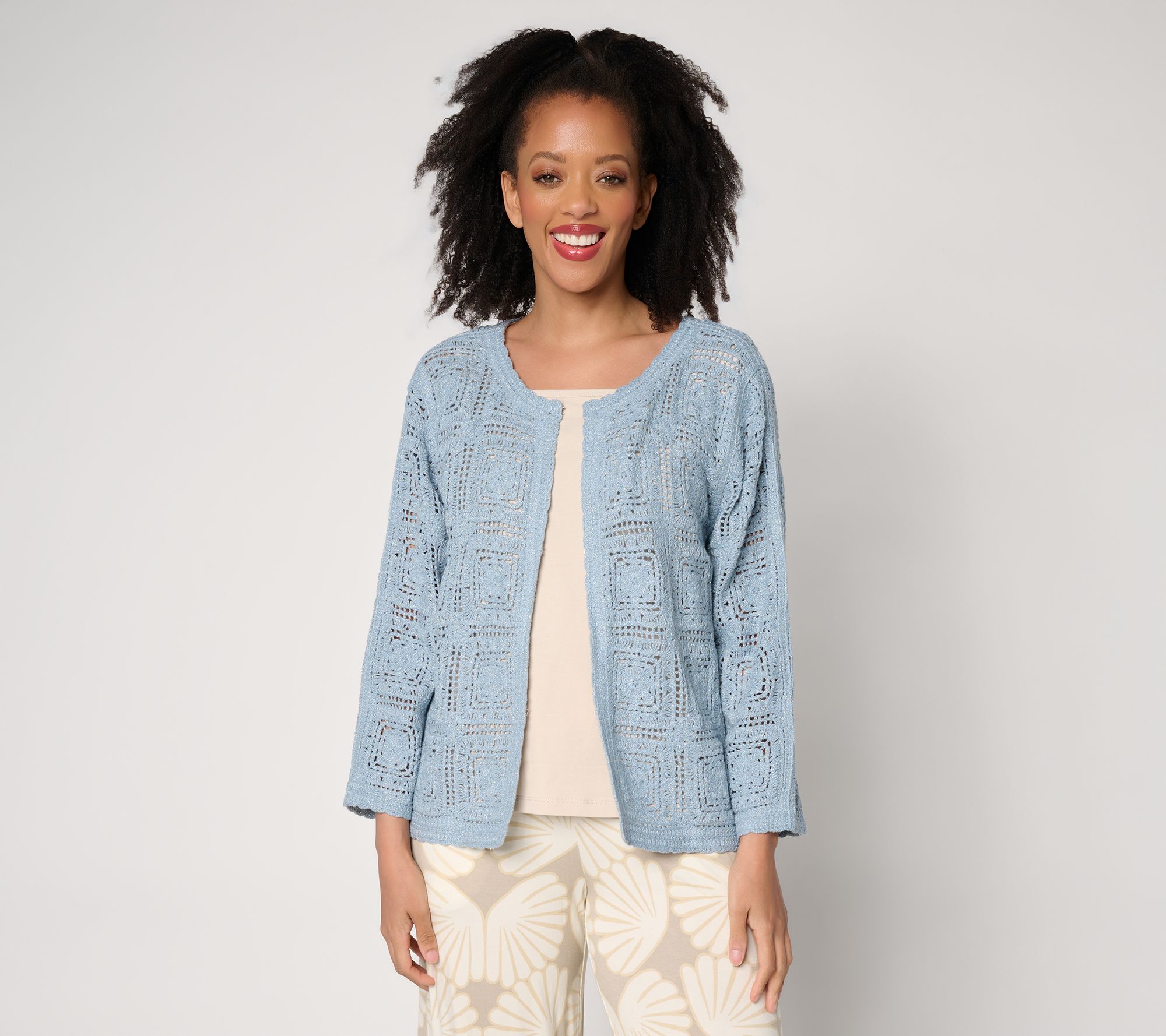 Susan Graver Metallic Crochet Lace Sweater Knit Shrug