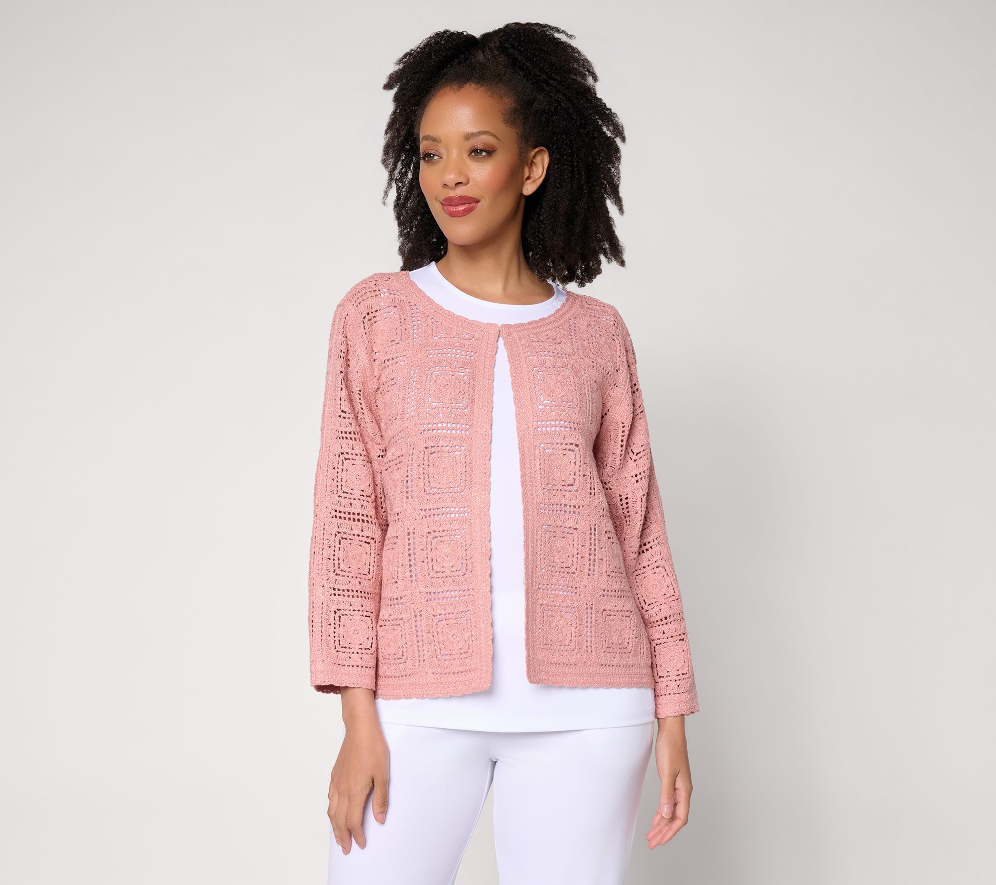 Susan Graver Metallic Crochet Lace Sweater Knit Shrug