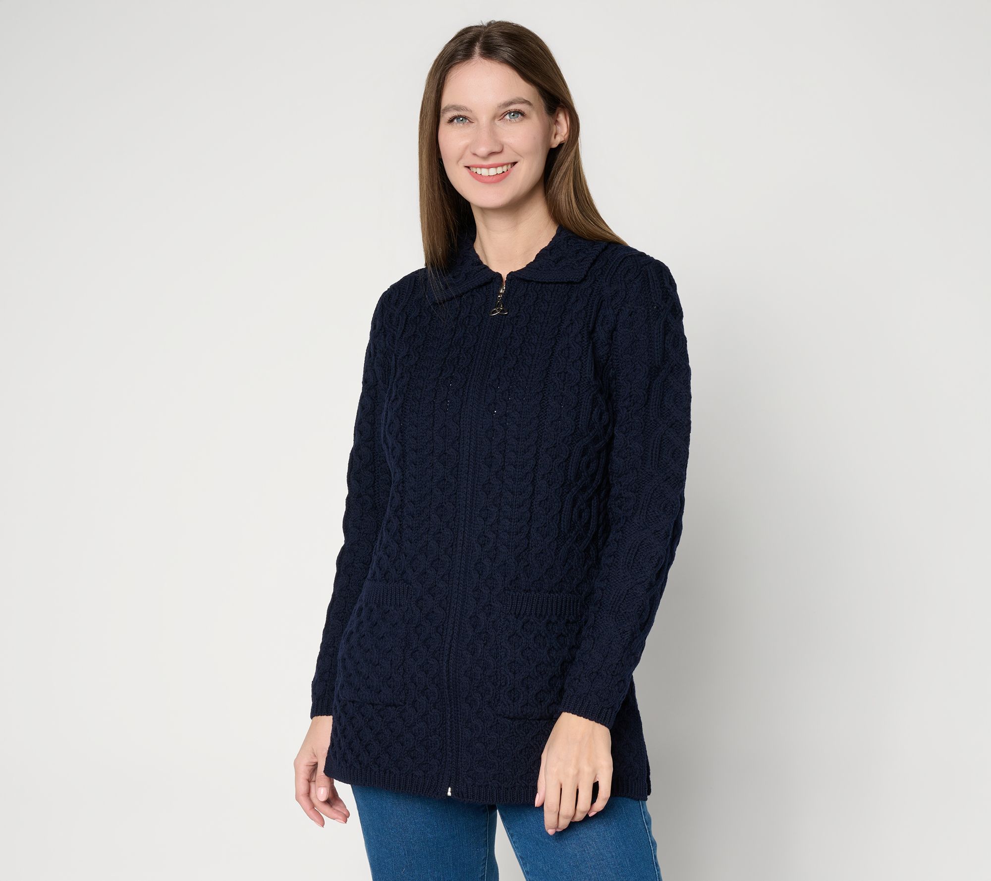 Aran Crafts Merino Wool Zip-Front Cardigan