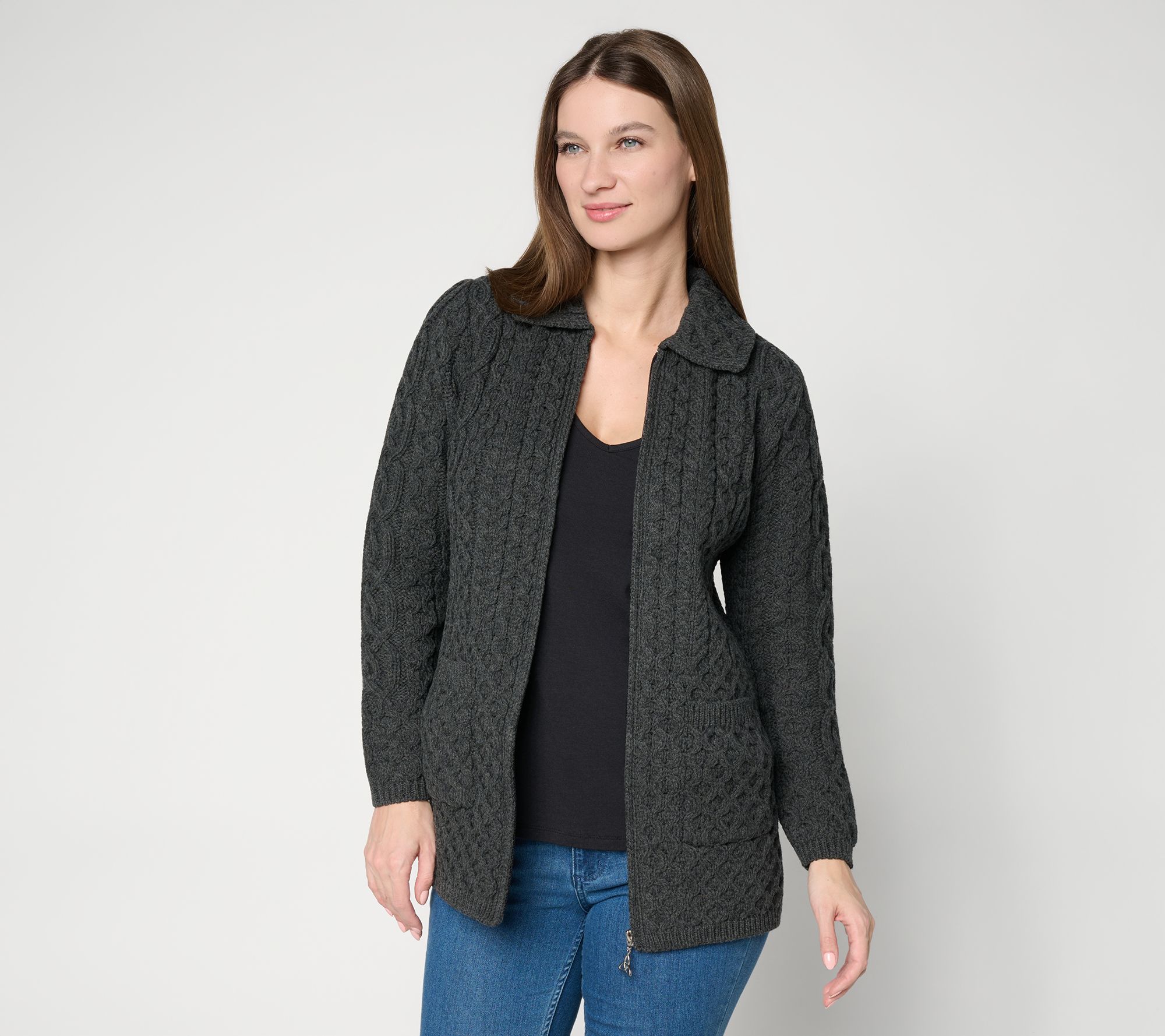 Aran Crafts Merino Wool Zip-Front Cardigan