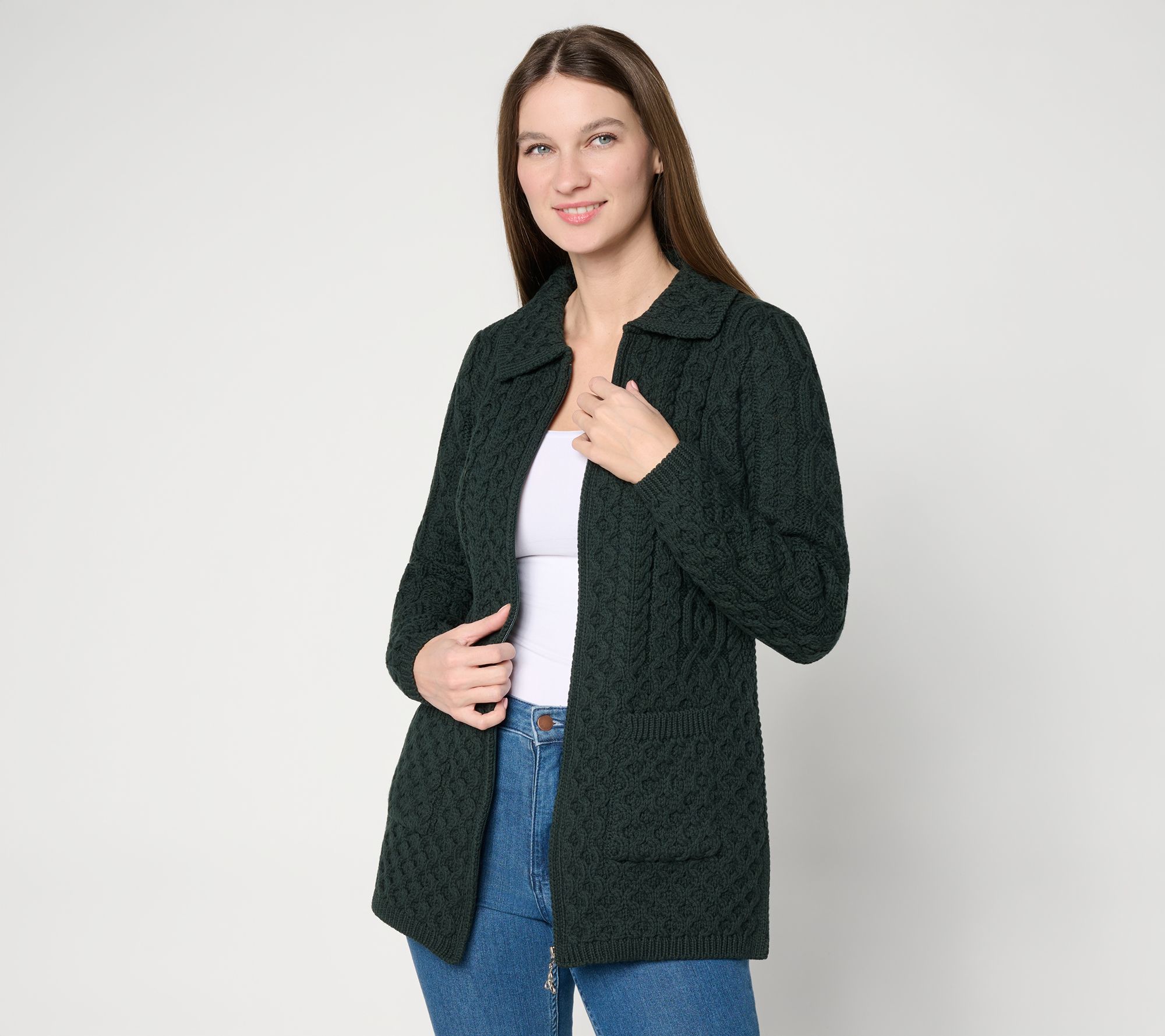 Aran Crafts Merino Wool Zip-Front Cardigan