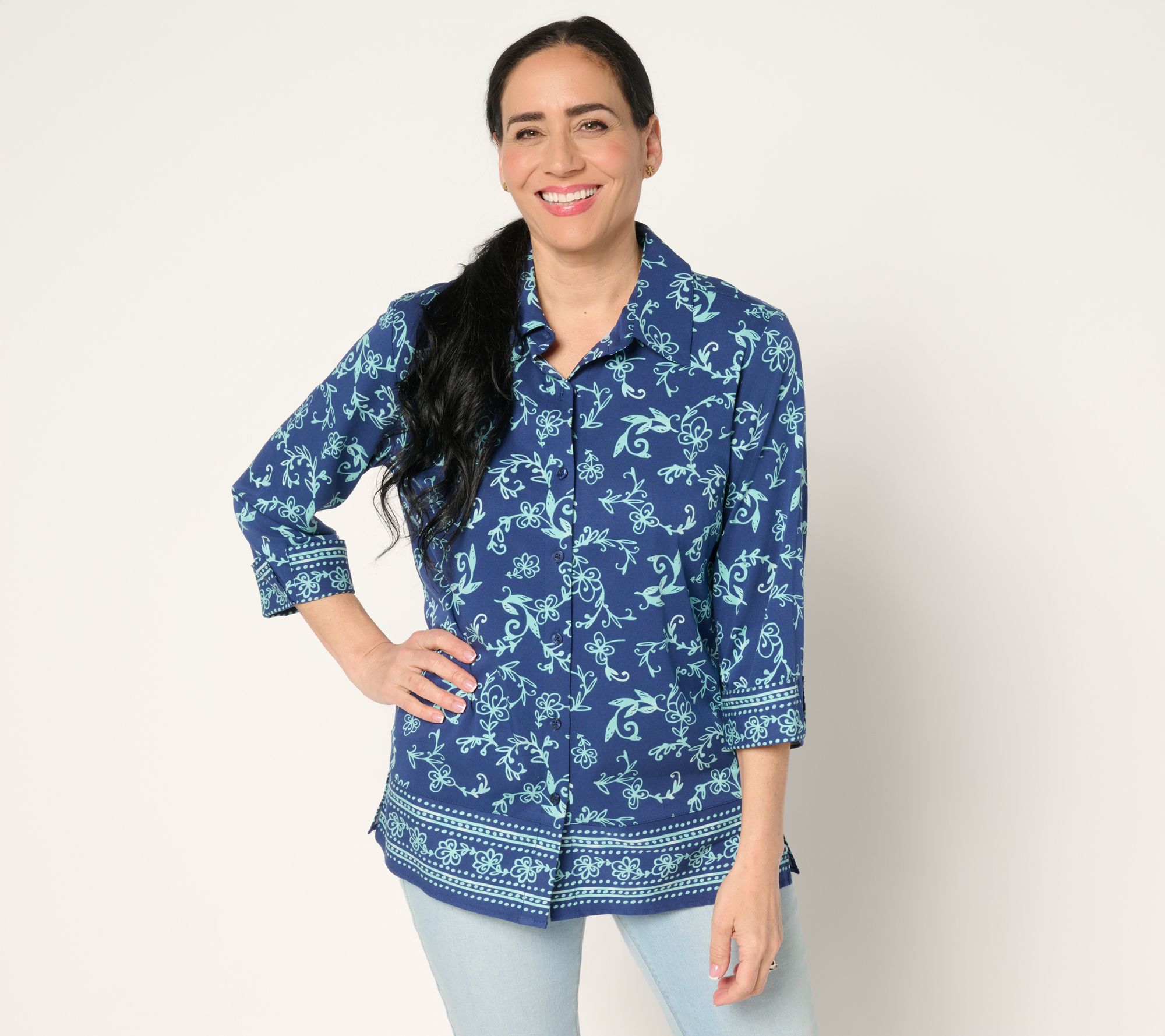 "As Is" Denim & Co. Reg Placed Print Button Front Tunic