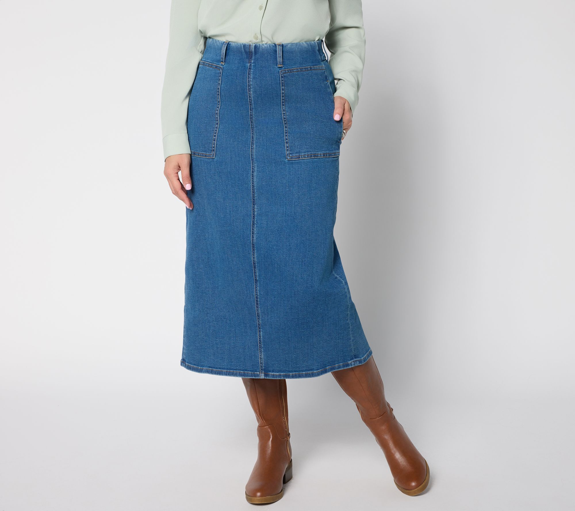 "As Is" Denim & Co. Petite Easy Stretch Denim Midi Skirt