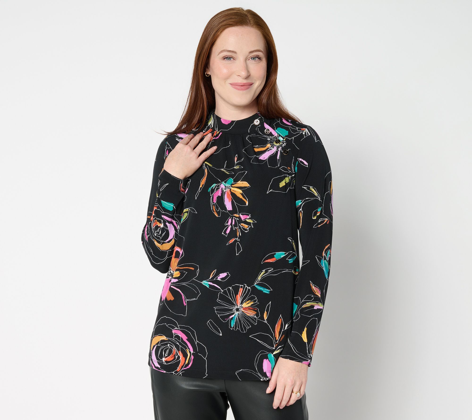 "As Is" Susan Graver Printed Liquid Knit Long Slv Mock- Neck Top