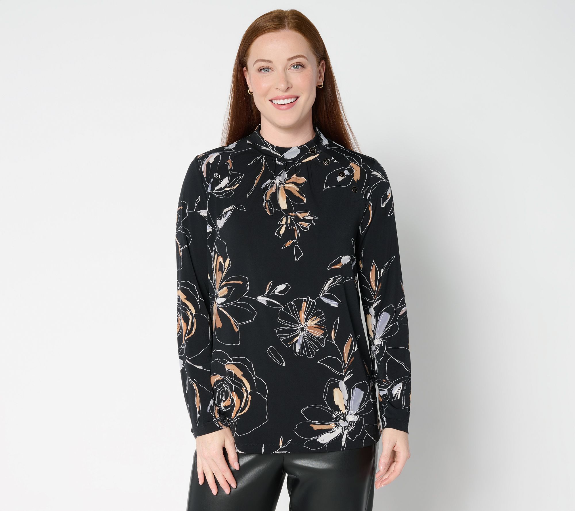 "As Is" Susan Graver Printed Liquid Knit Long Slv Mock- Neck Top