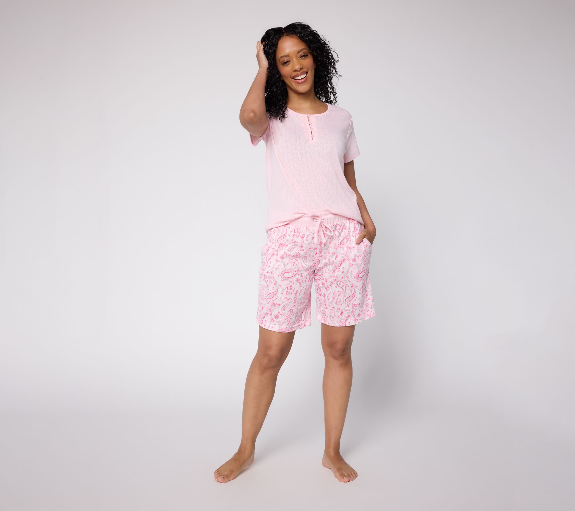 MUK LUKS Pointelle Lace Neck Tee and Short Lounge Set