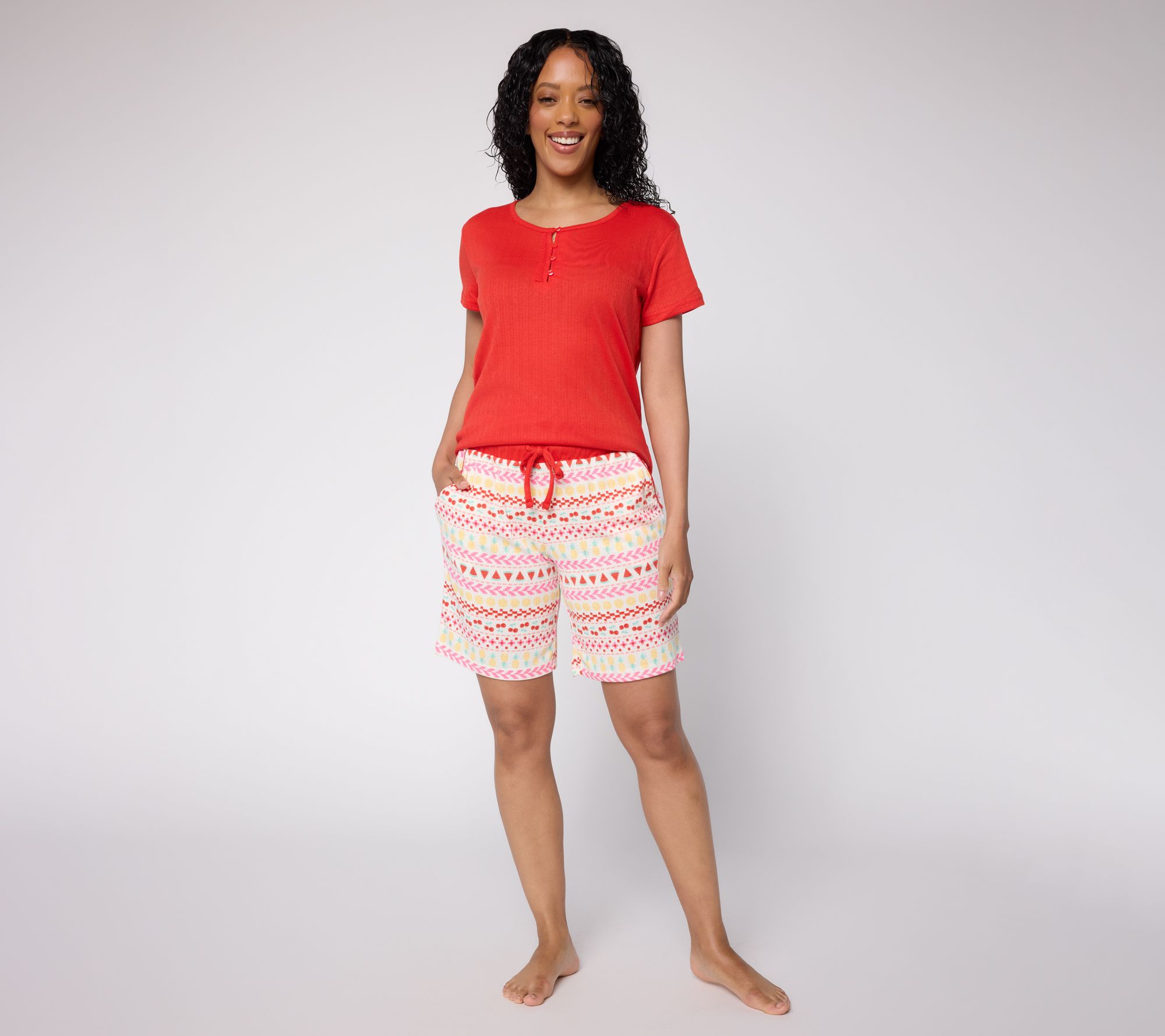 MUK LUKS Pointelle Lace Neck Tee and Short Lounge Set