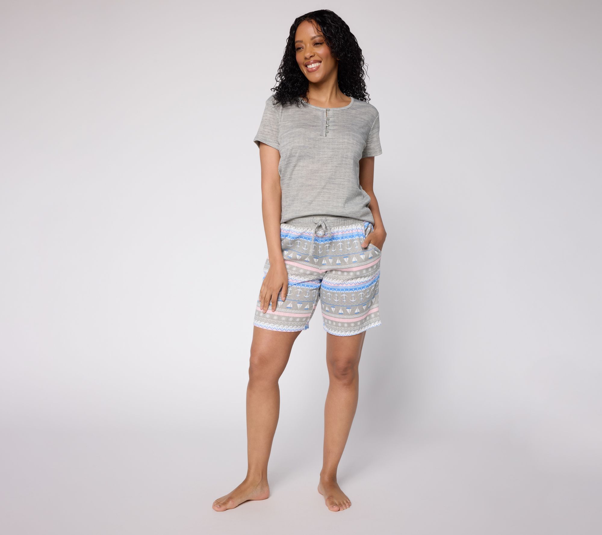 MUK LUKS Pointelle Lace Neck Tee and Short Lounge Set
