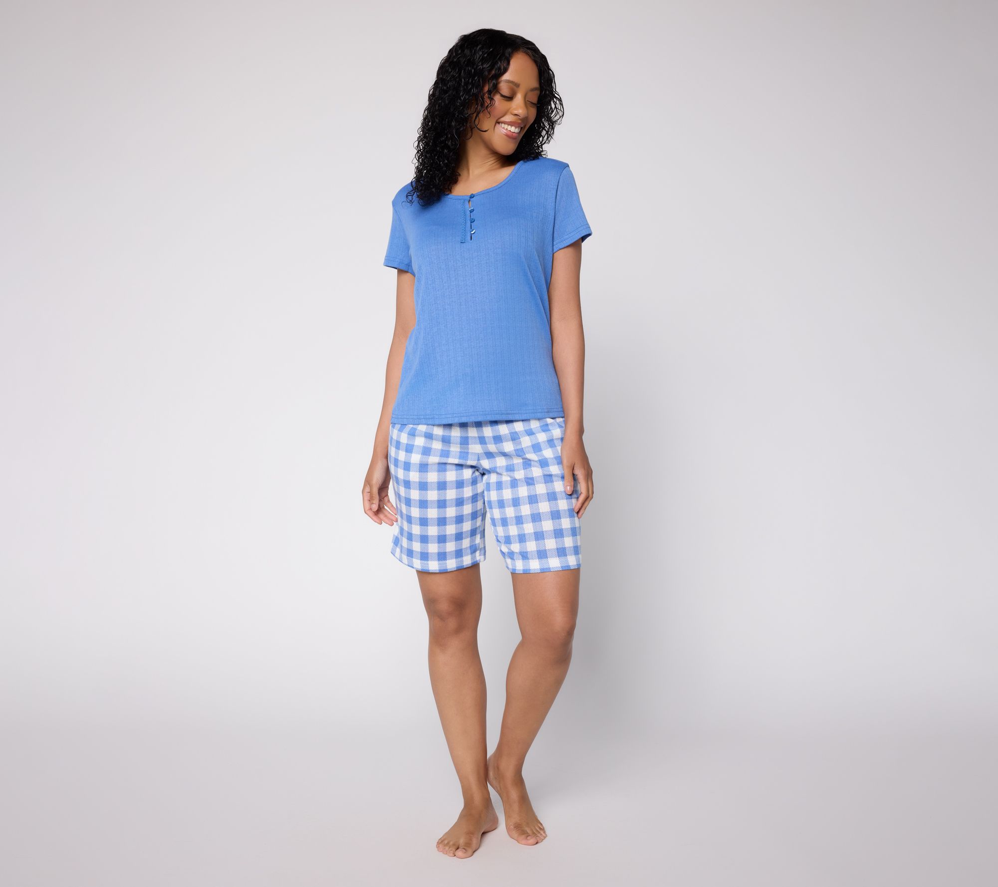 MUK LUKS Pointelle Lace Neck Tee and Short Lounge Set