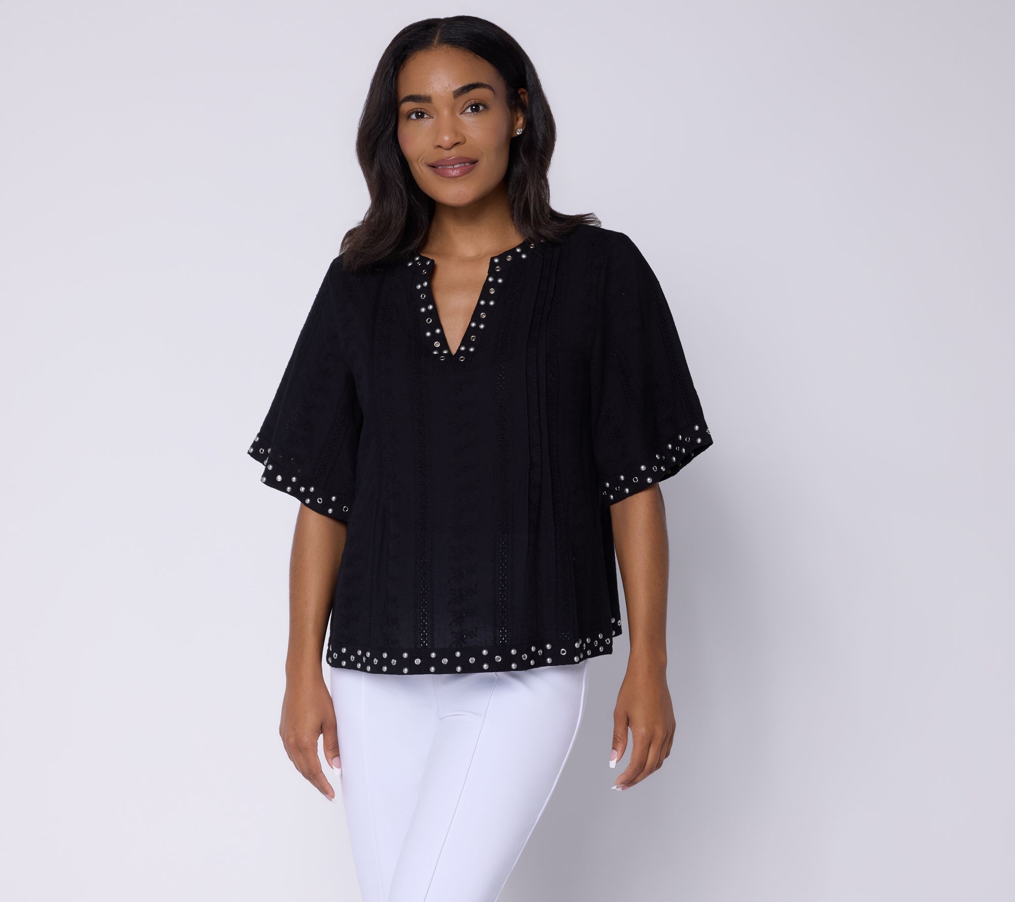 Susan Graver Woven Dobby Eyelet Split Neck Top with Studs