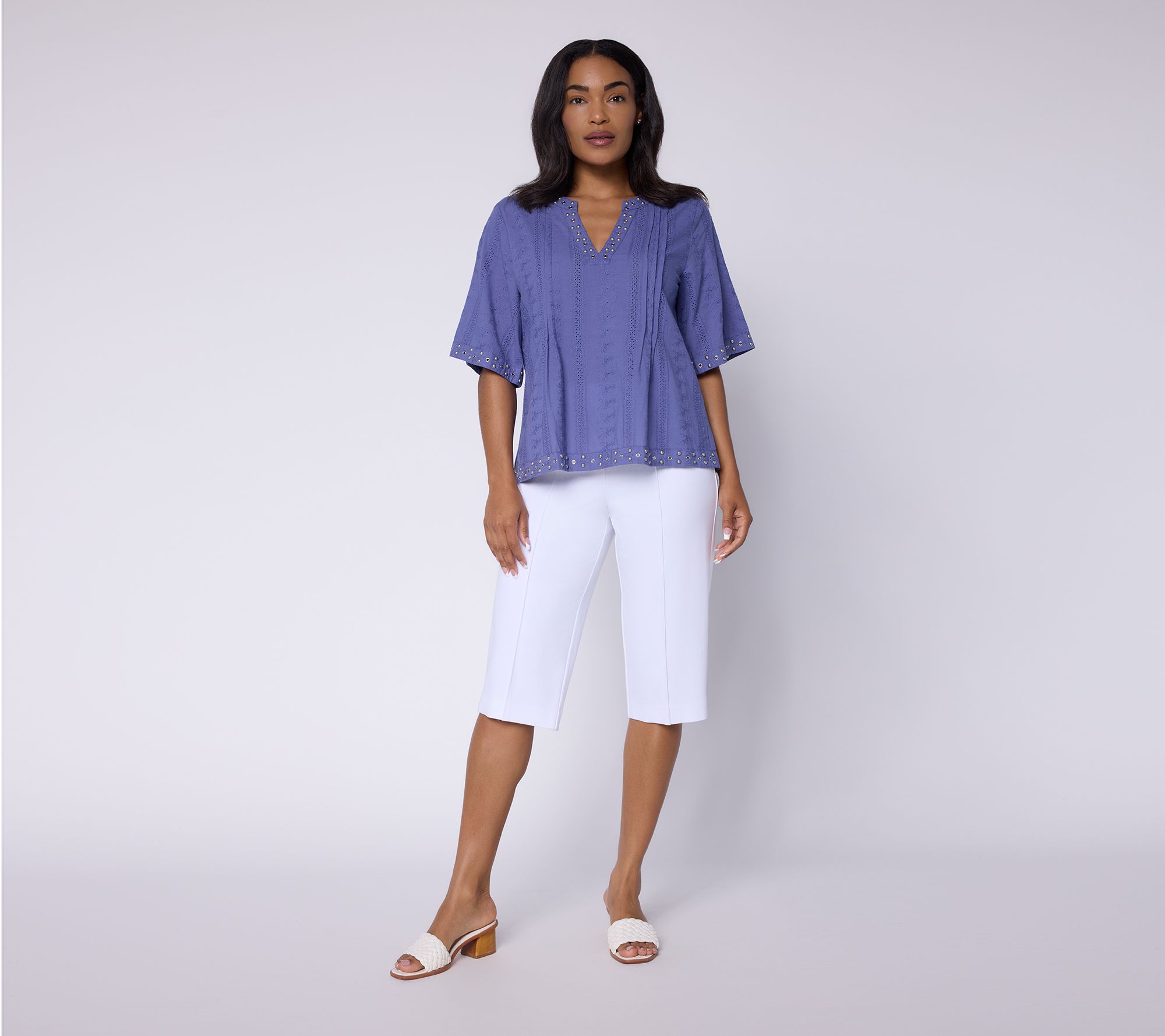 Susan Graver Woven Dobby Eyelet Split Neck Top with Studs - QVC.com