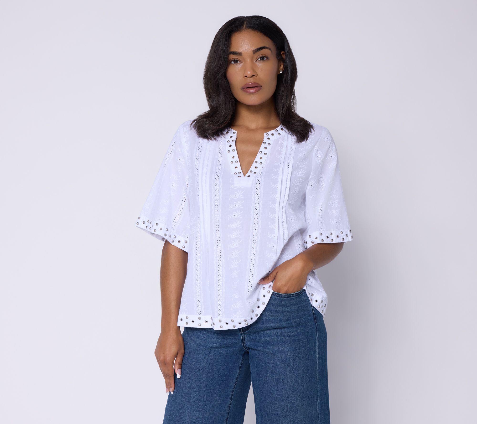 Susan Graver Woven Dobby Eyelet Split Neck Top with Studs