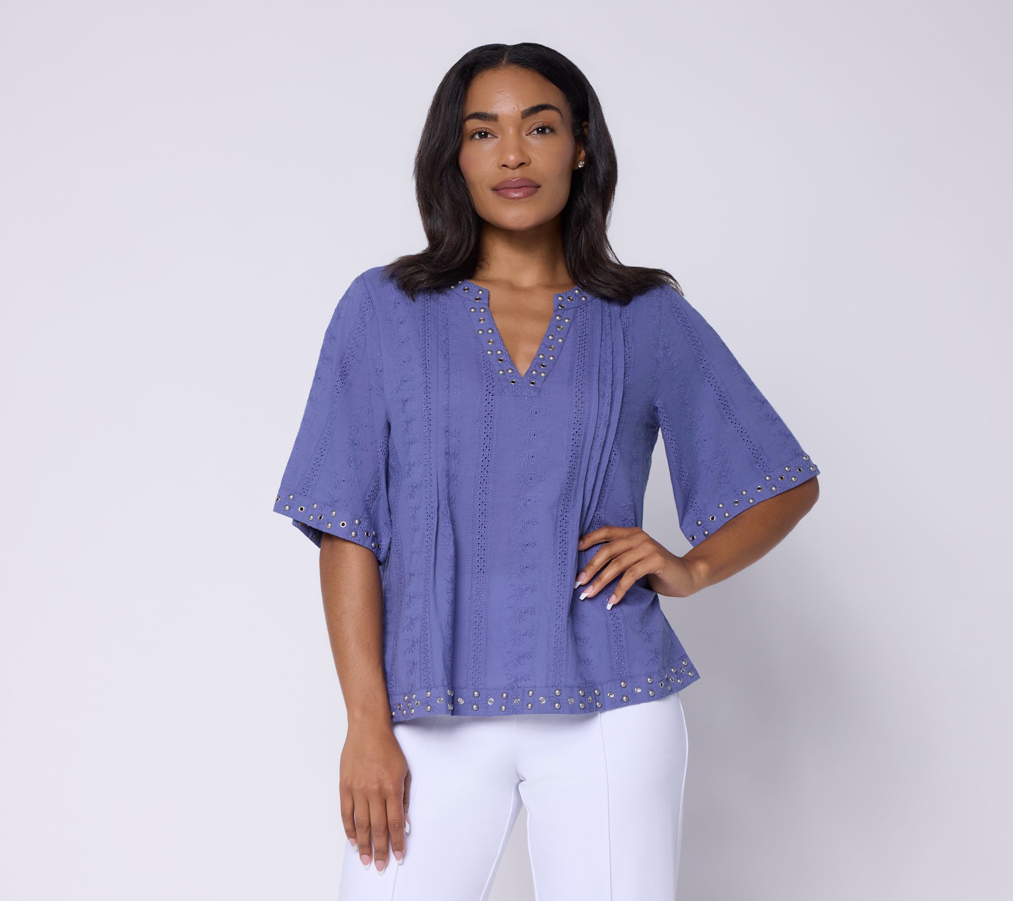 Susan Graver Woven Dobby Eyelet Split Neck Top with Studs