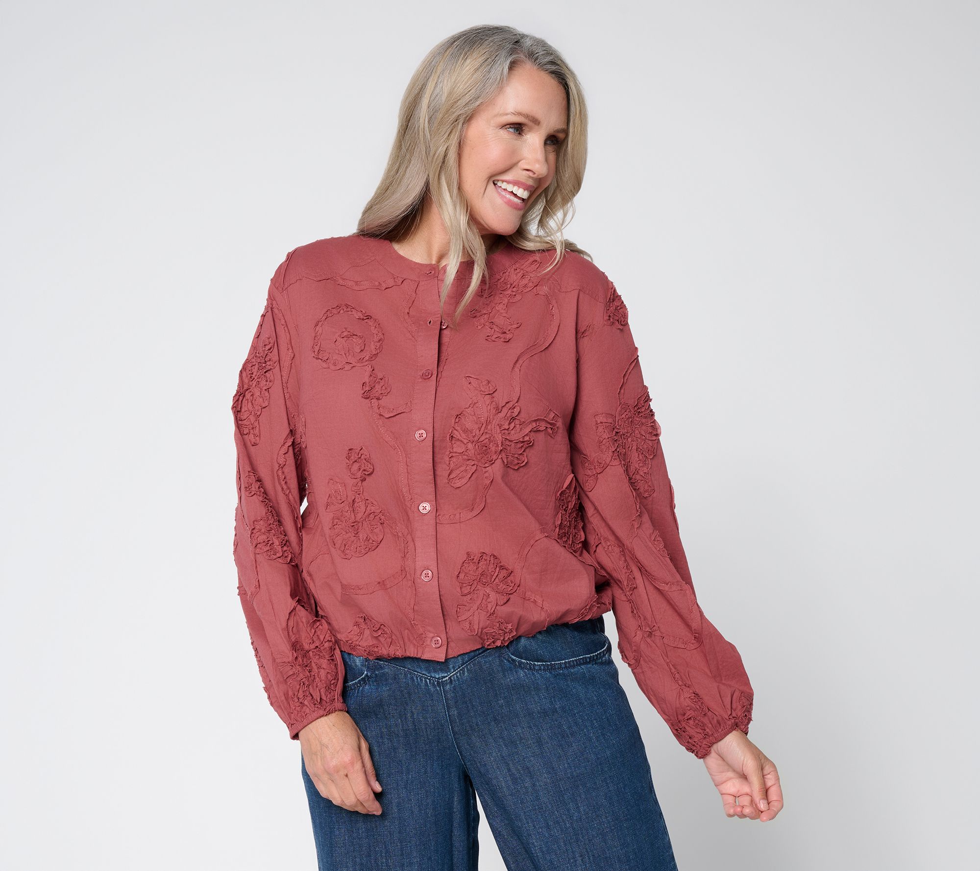 LOGO Lavish by Lori Goldstein Cotton Soutache Button Front Bubble Hem Top