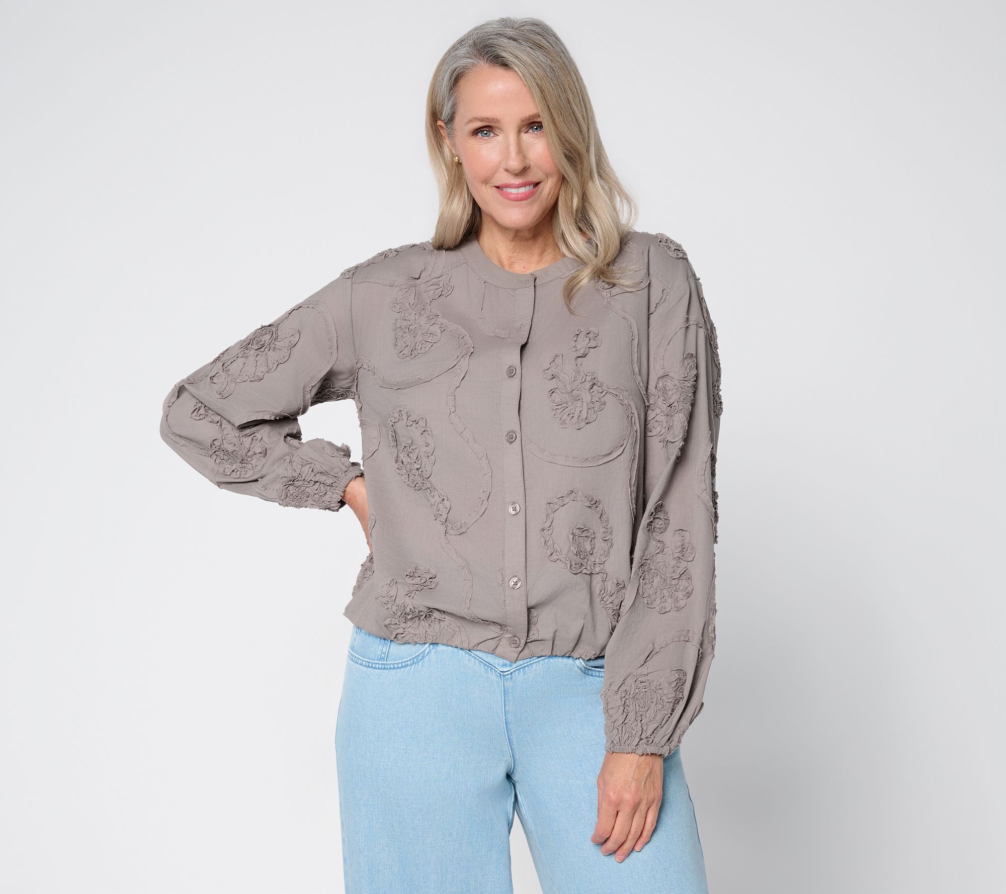 LOGO Lavish by Lori Goldstein Cotton Soutache Button Front Bubble Hem Top