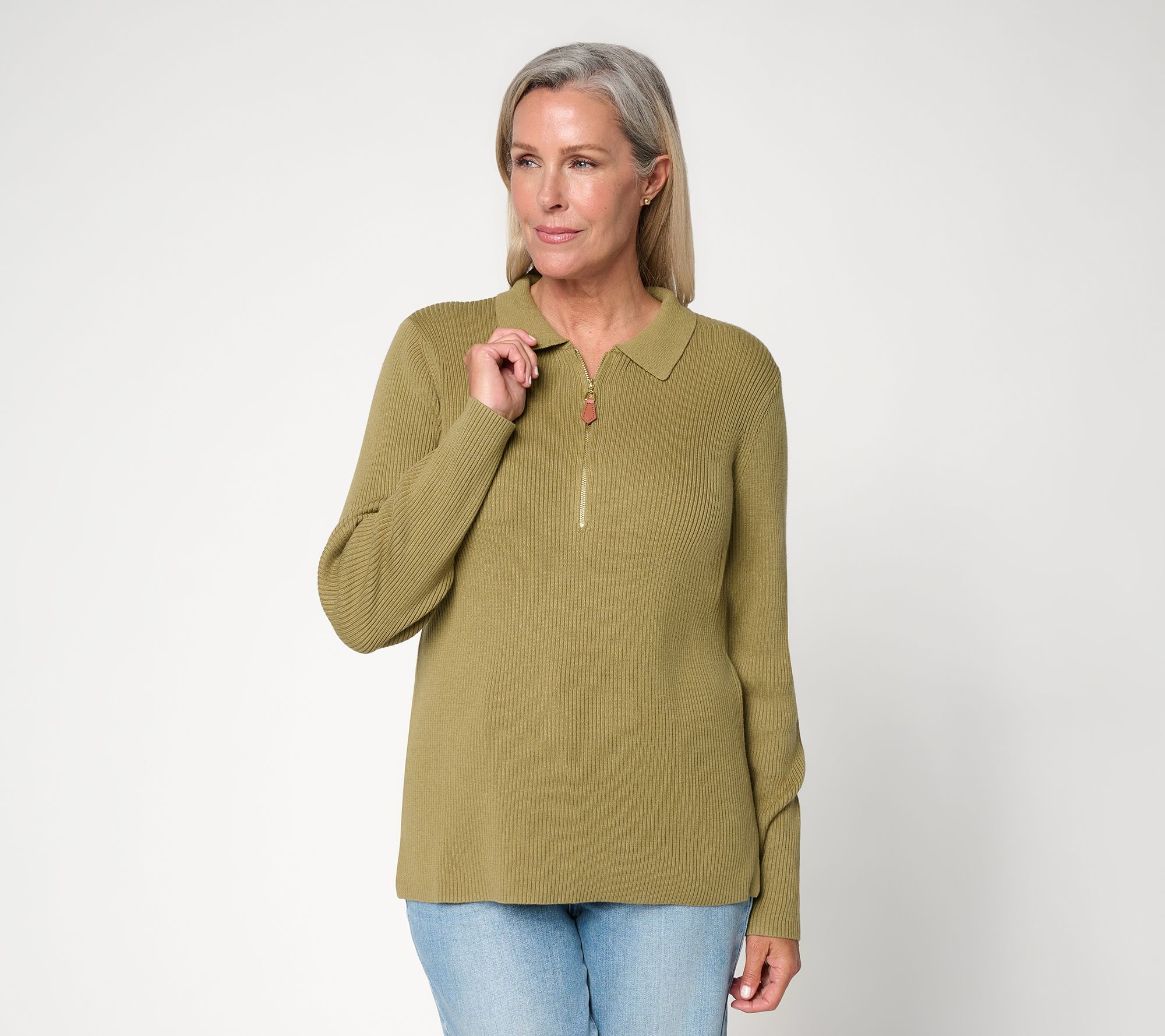 Belle by Kim Gravel Ribbed Half Zip Polo Sweater
