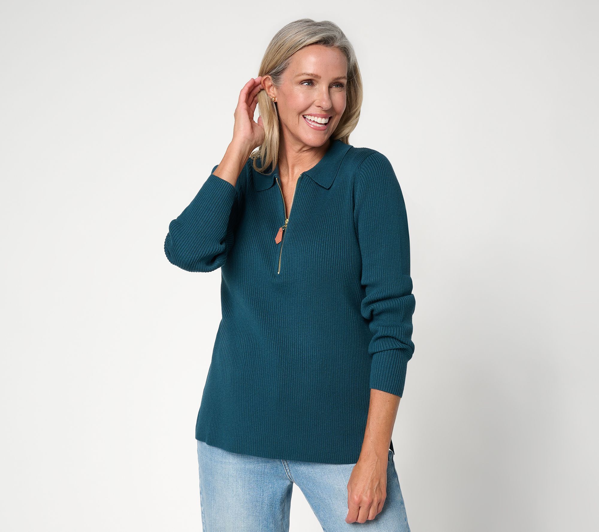 Belle by Kim Gravel Ribbed Half Zip Polo Sweater