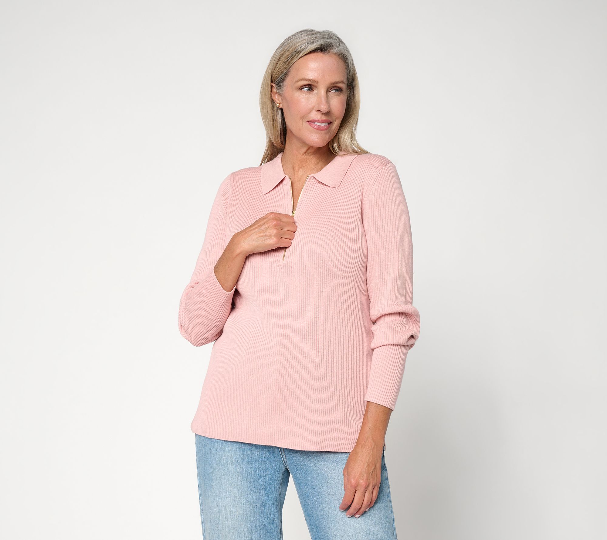 Belle by Kim Gravel Ribbed Half Zip Polo Sweater