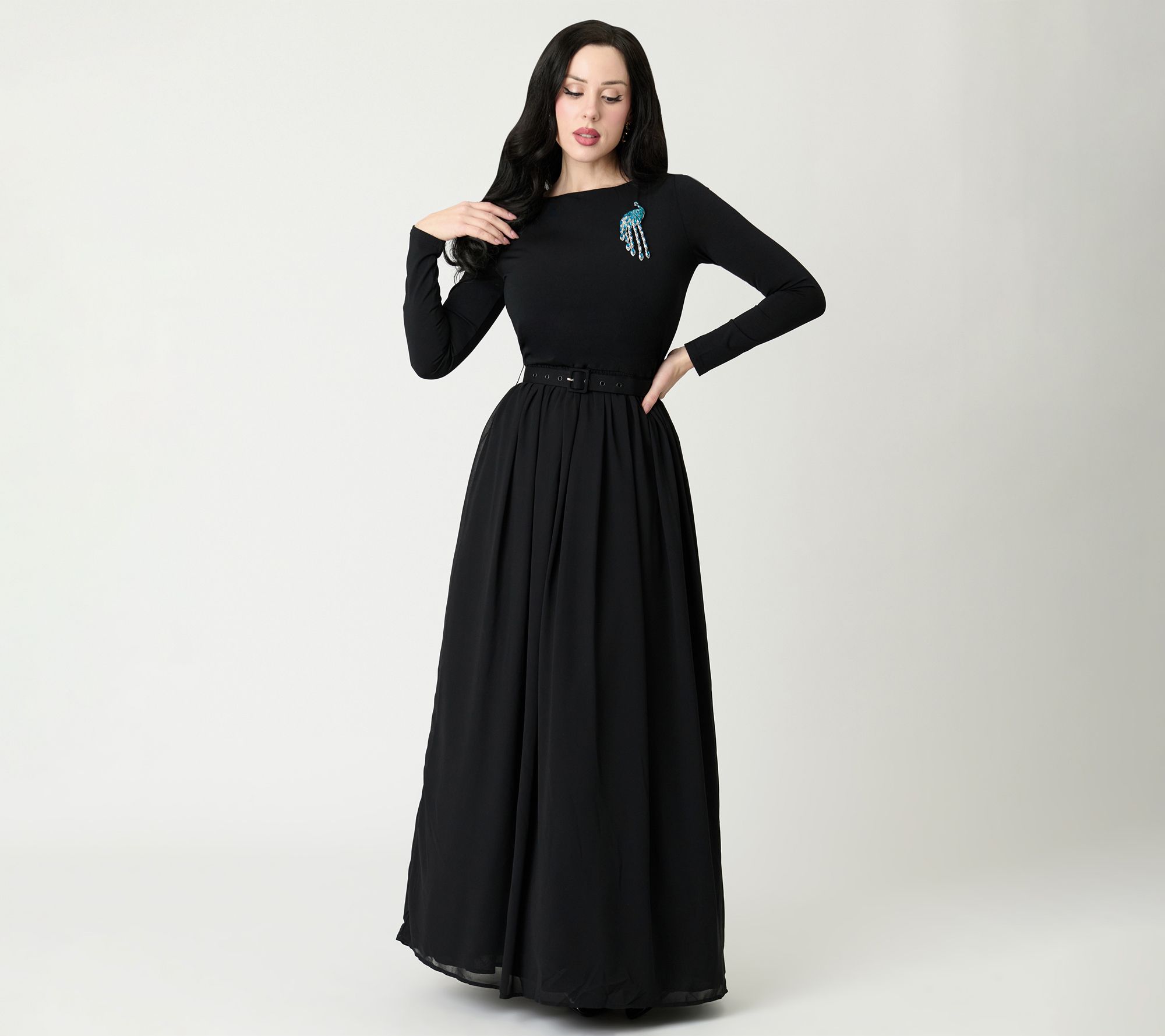 Unique Vintage Black & Peacock Brooch Maxi Dress