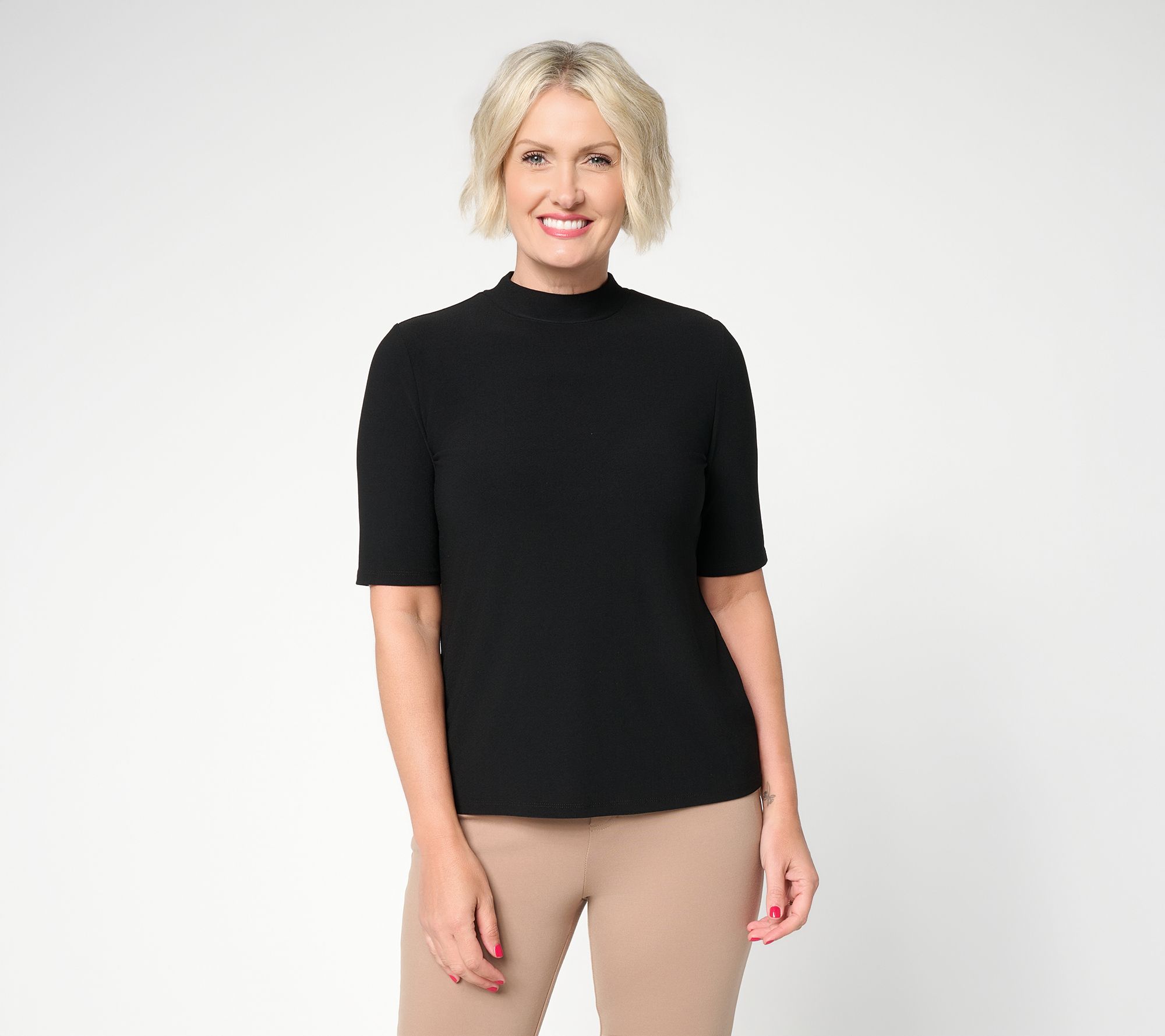 Dennis Basso Caviar Crepe Elbow Sleeve Mock Neck Top