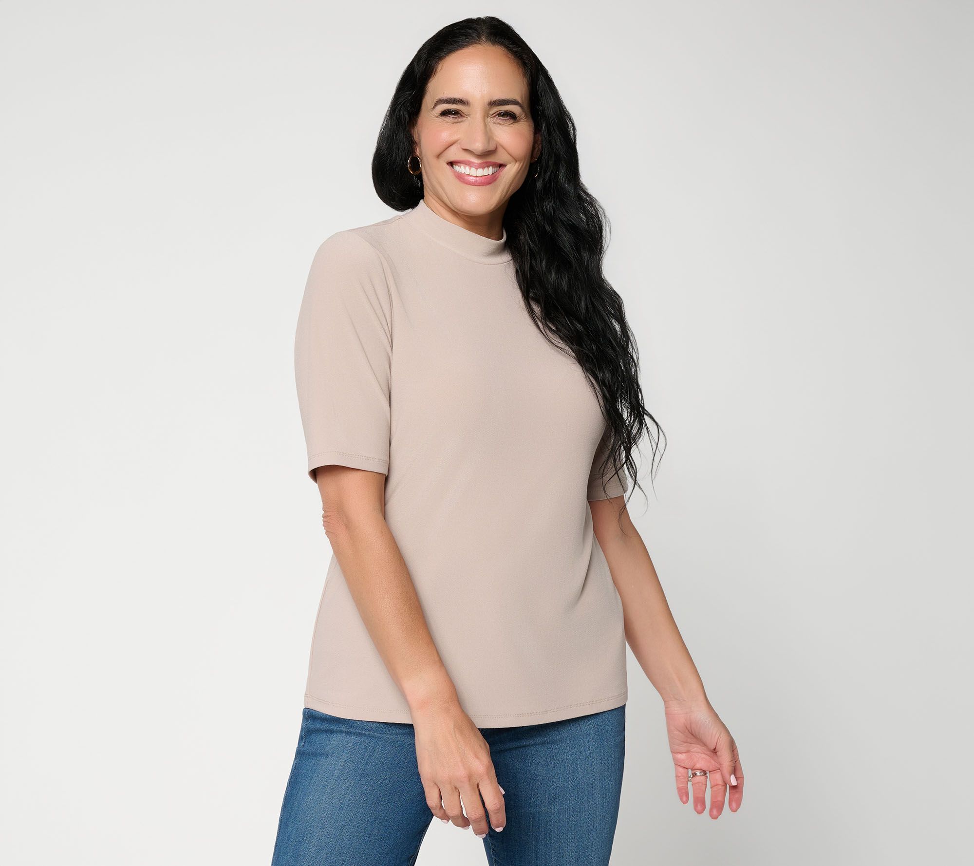 Dennis Basso Caviar Crepe Elbow Sleeve Mock Neck Top