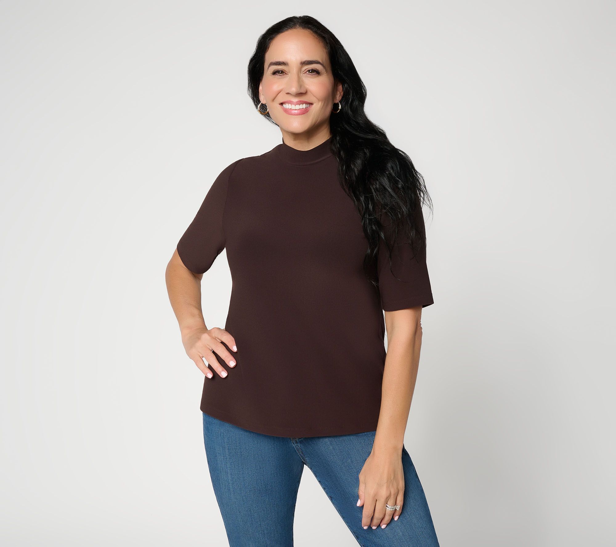 Dennis Basso Caviar Crepe Elbow Sleeve Mock Neck Top