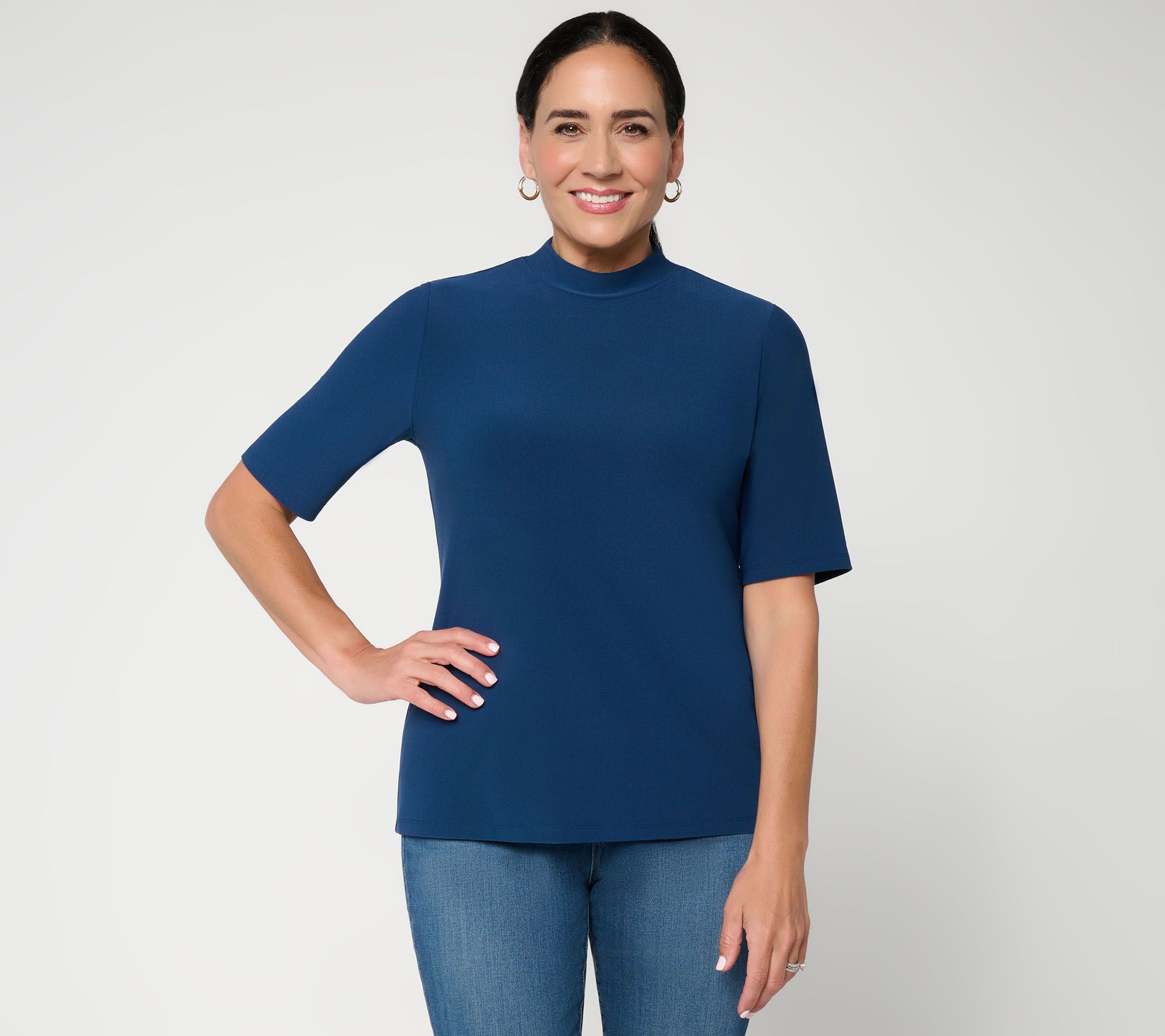 Dennis Basso Caviar Crepe Elbow Sleeve Mock Neck Top