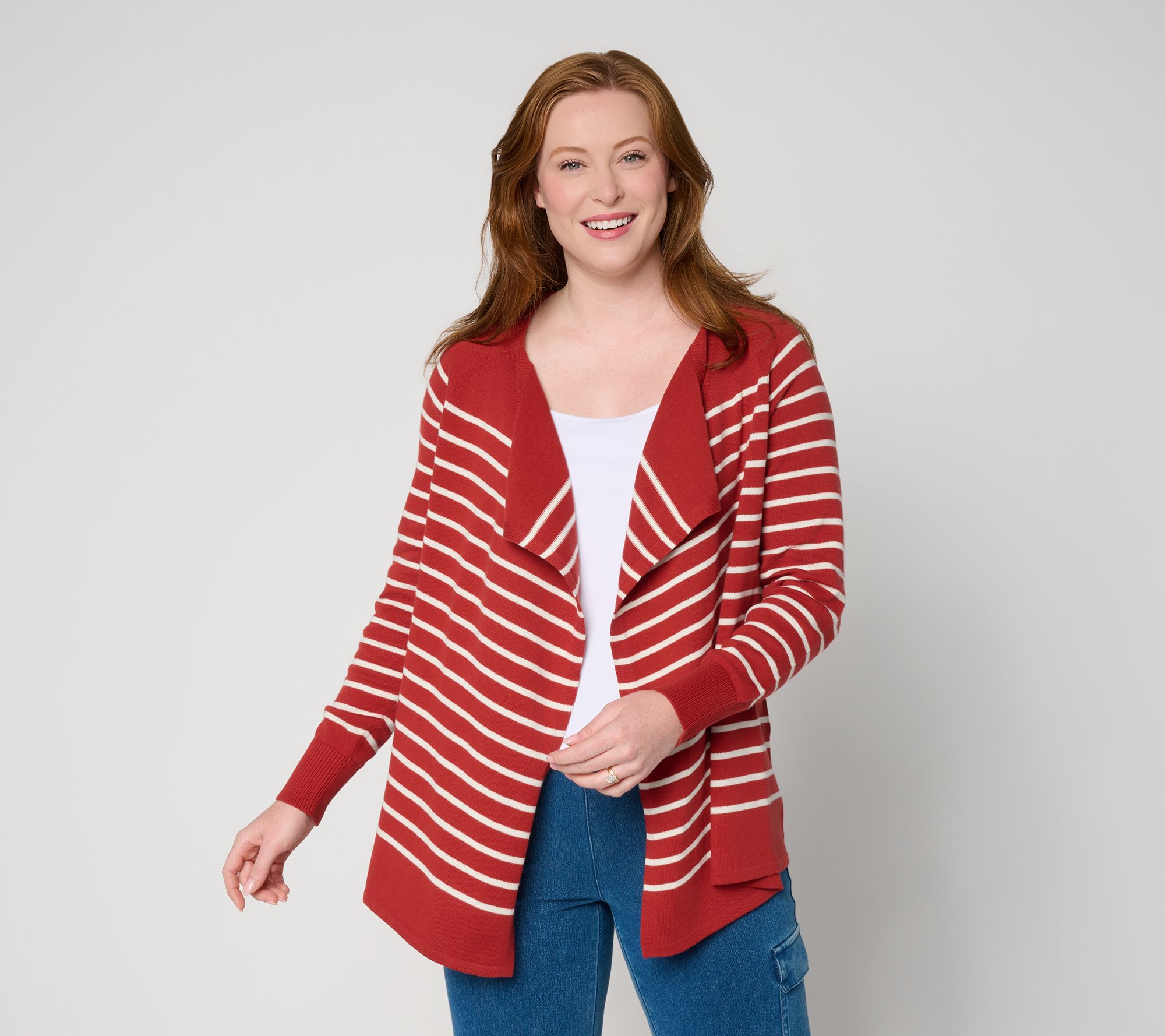 "As Is " Denim & Co. Striped 100% Cotton Drape Front Cardigan