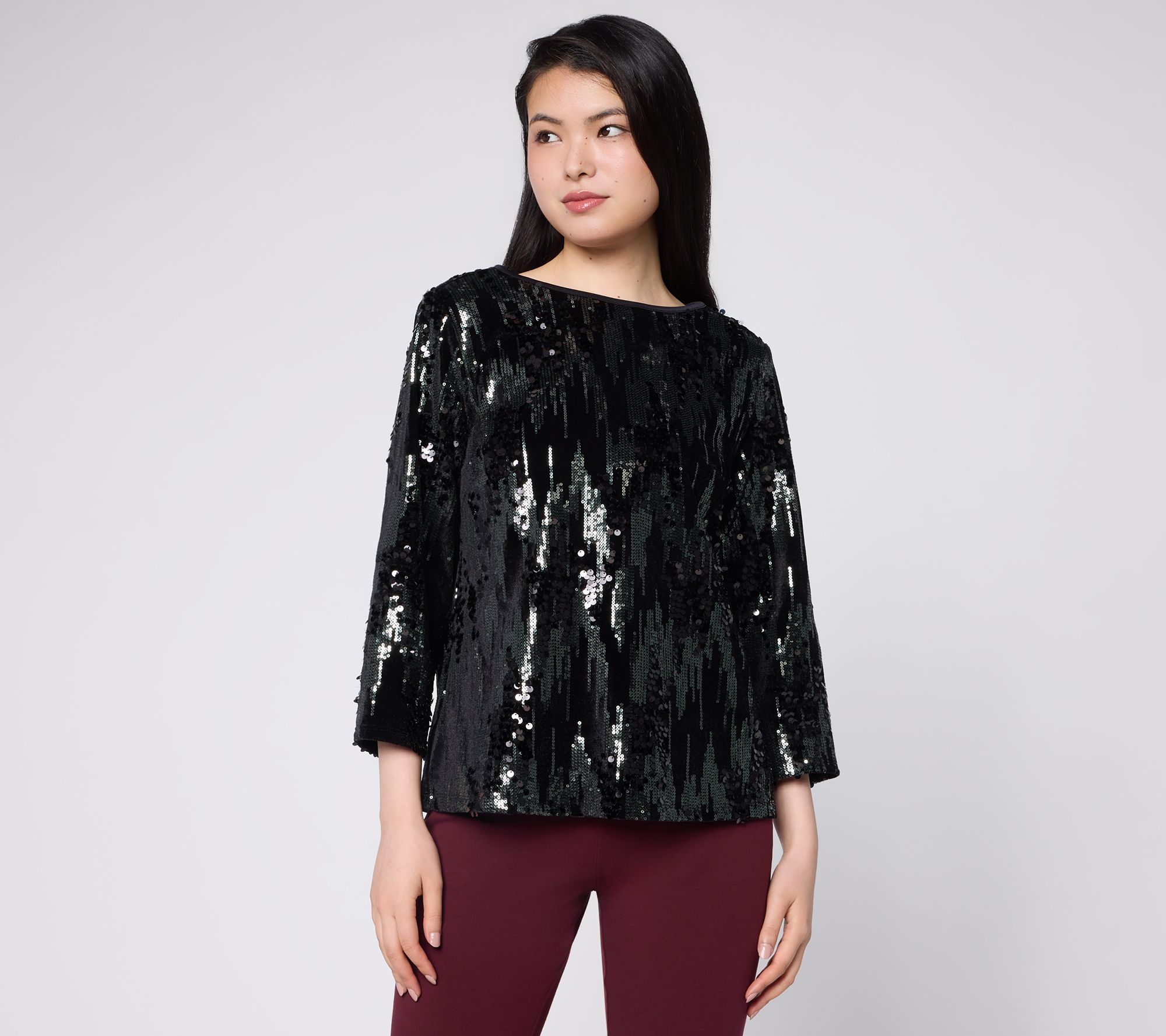 Joan Rivers Velvet Sequin 3/4 Sleeve Top