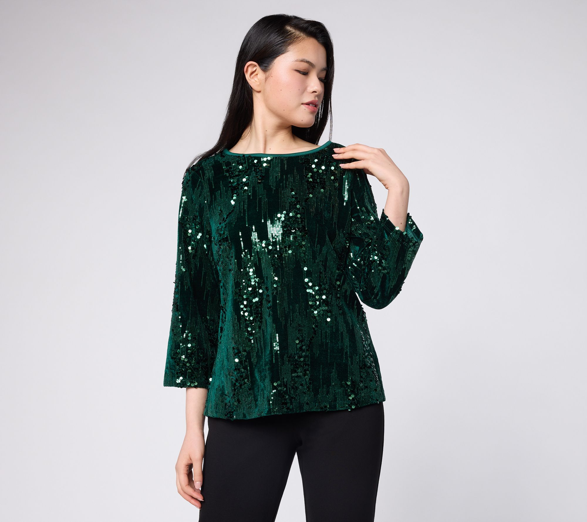 Joan Rivers Velvet Sequin 3/4 Sleeve Top