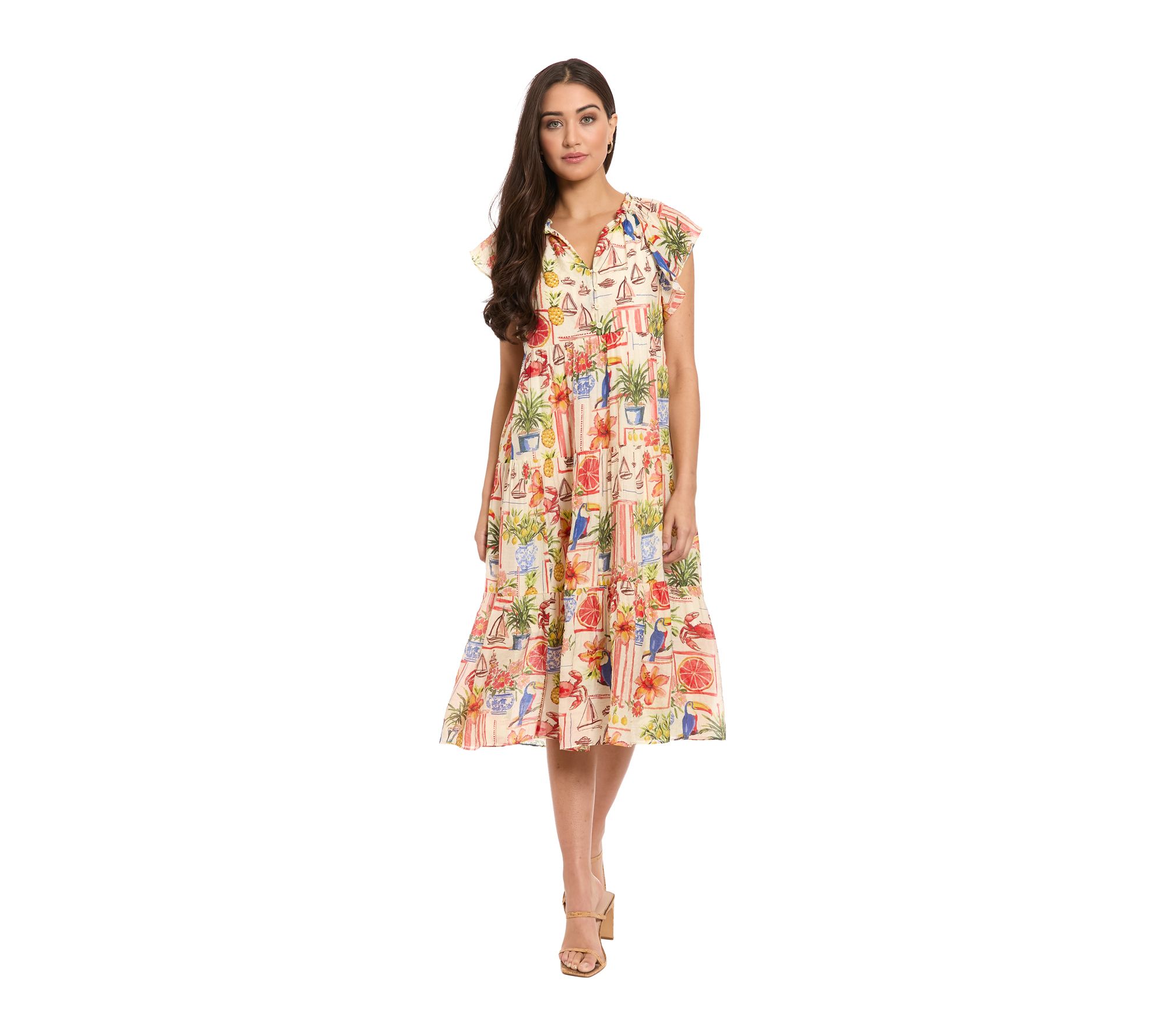  London Times Flutter Sleeve Tiered Midi Dress