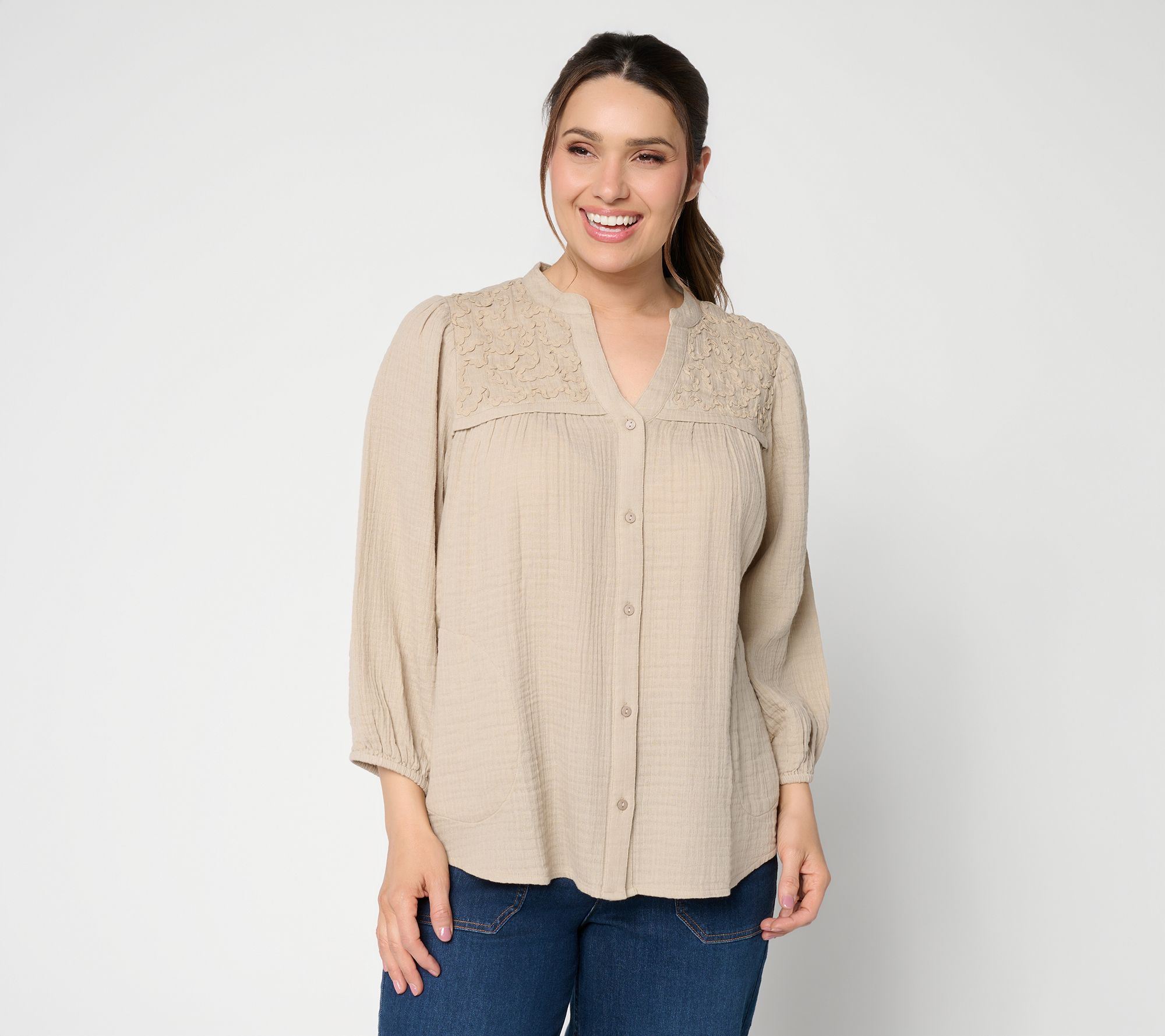 "As Is" LOGO by Lori Goldstein 100% Cotton Button Front Woven Blouse