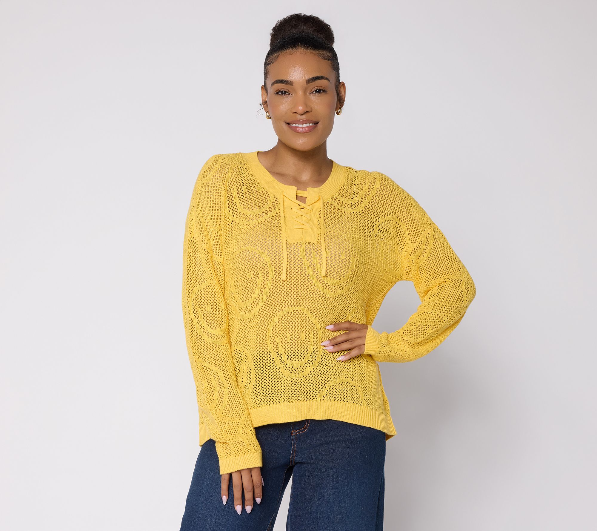 "As Is" Peace Love World Mixed Motif Lace Up Cotton Sweater