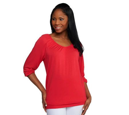 Susan Graver Rayon Spandex Ruched 3/4 Sleeve V-neck Top - Page 1 — QVC.com