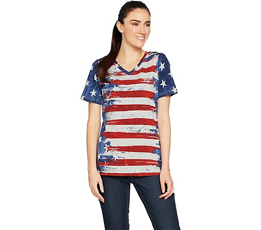 Denim & Co. American Flag Print Short Sleeve V-Neck Top