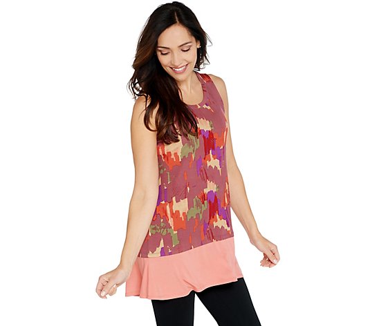 LOGO Layers by Lori Goldstein Printed Tank w/ Solid Flounce at Hemline