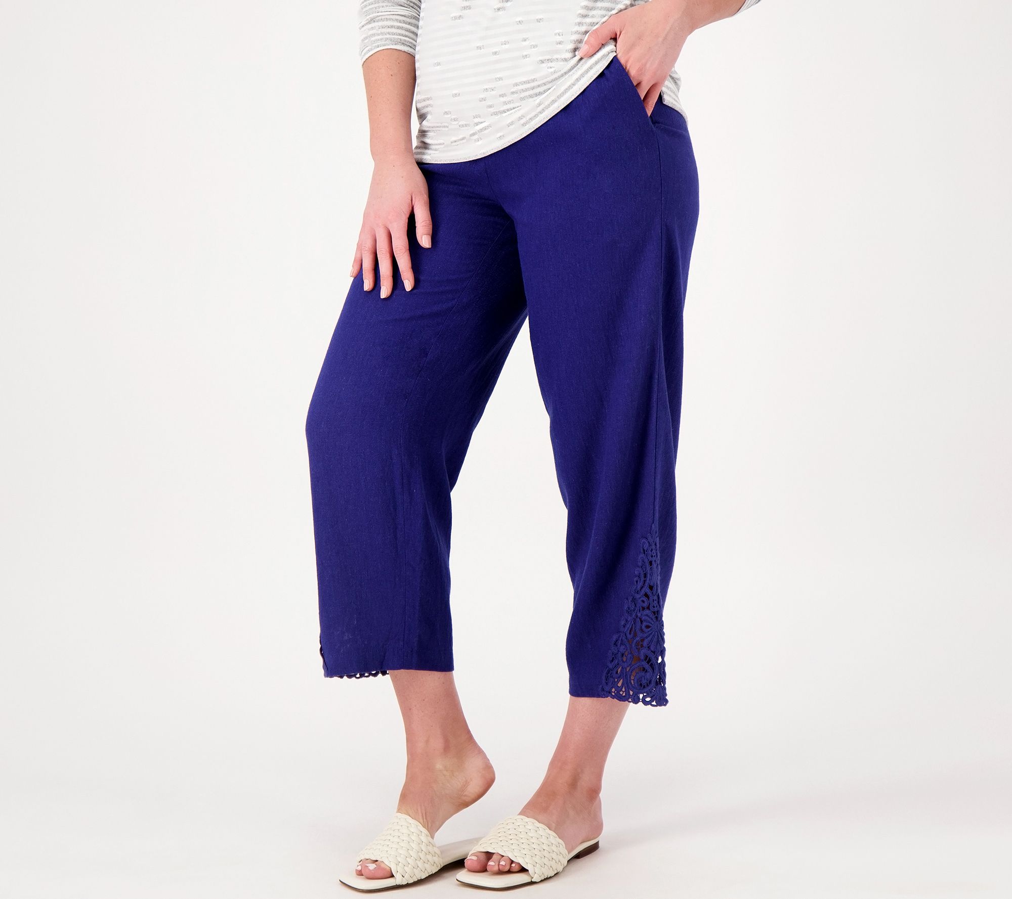 Susan Graver Pure Regular Linen Blend Crop Pants w/Lace Inset