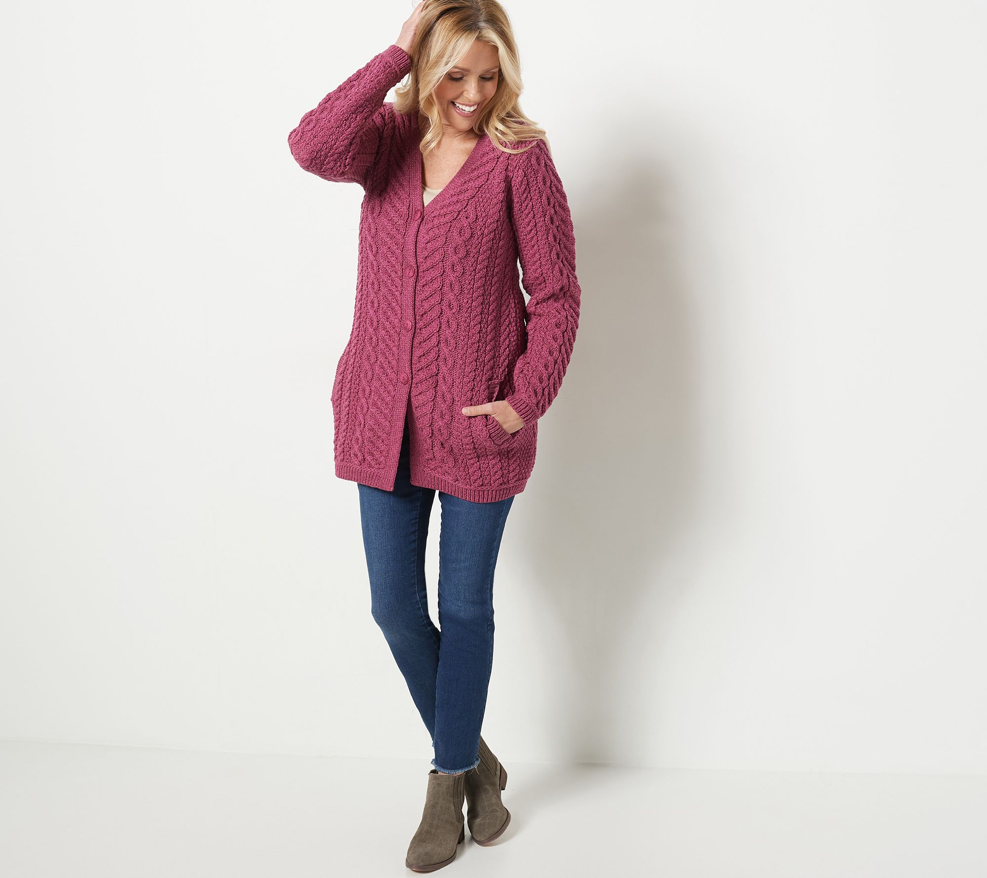 As Is Aran Craft Merino Wool Button Front Sweater Cardigan