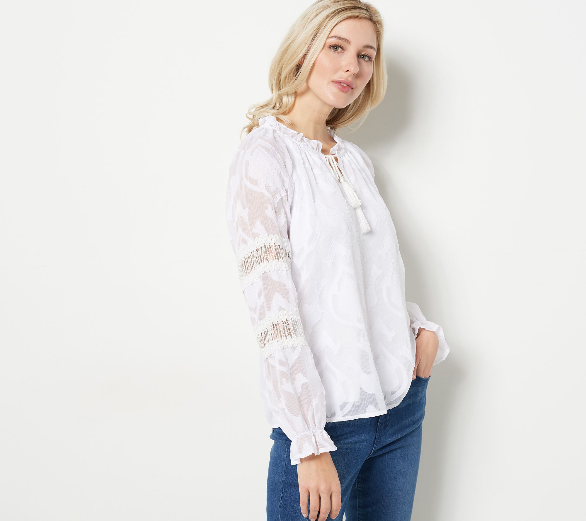 "As Is" Belle by Kim Gravel Feminine Burnout Blouse with Tassels