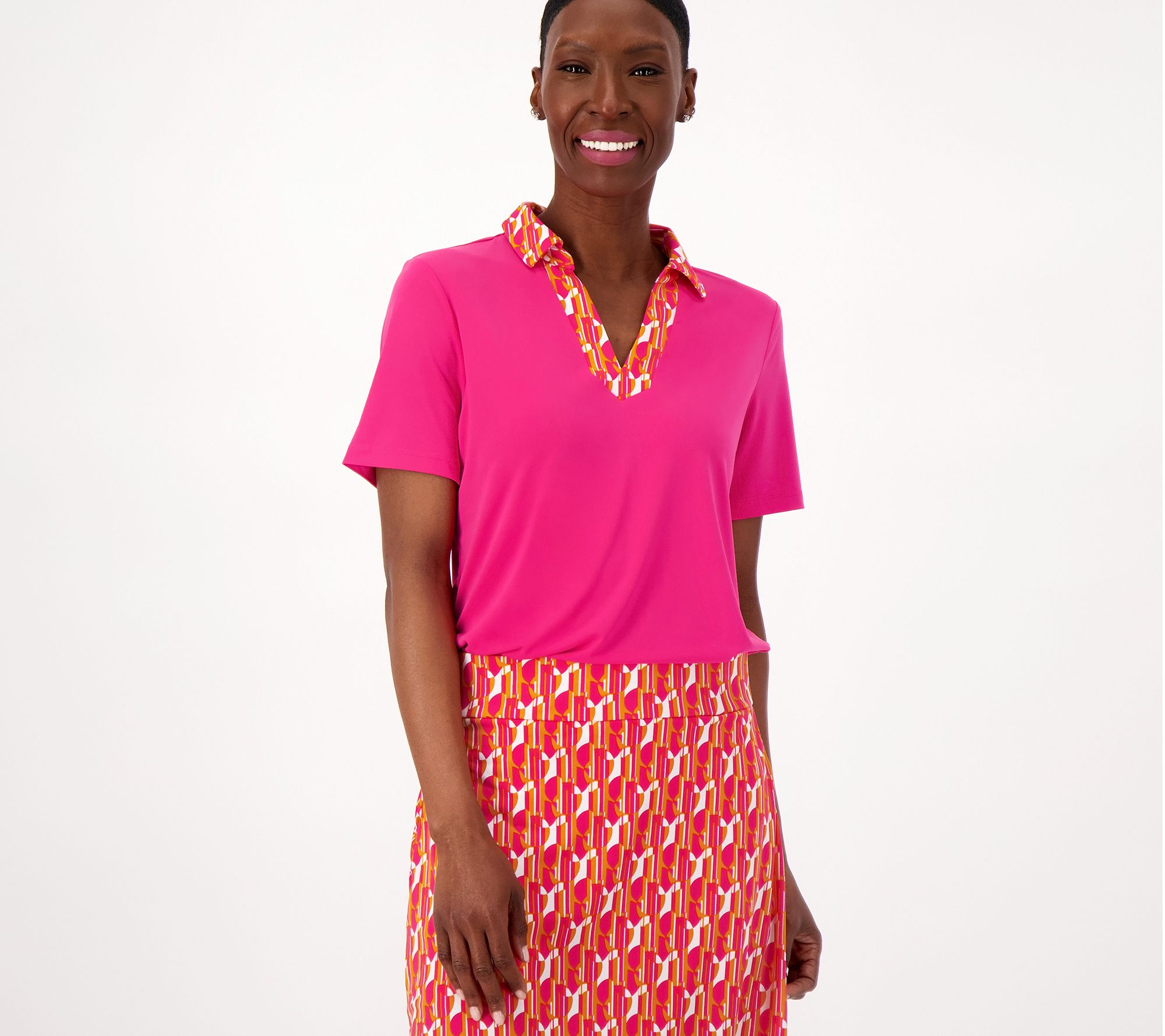 Susan Graver Liquid Knit Split-Neck Collared Top w/ Printed Combo