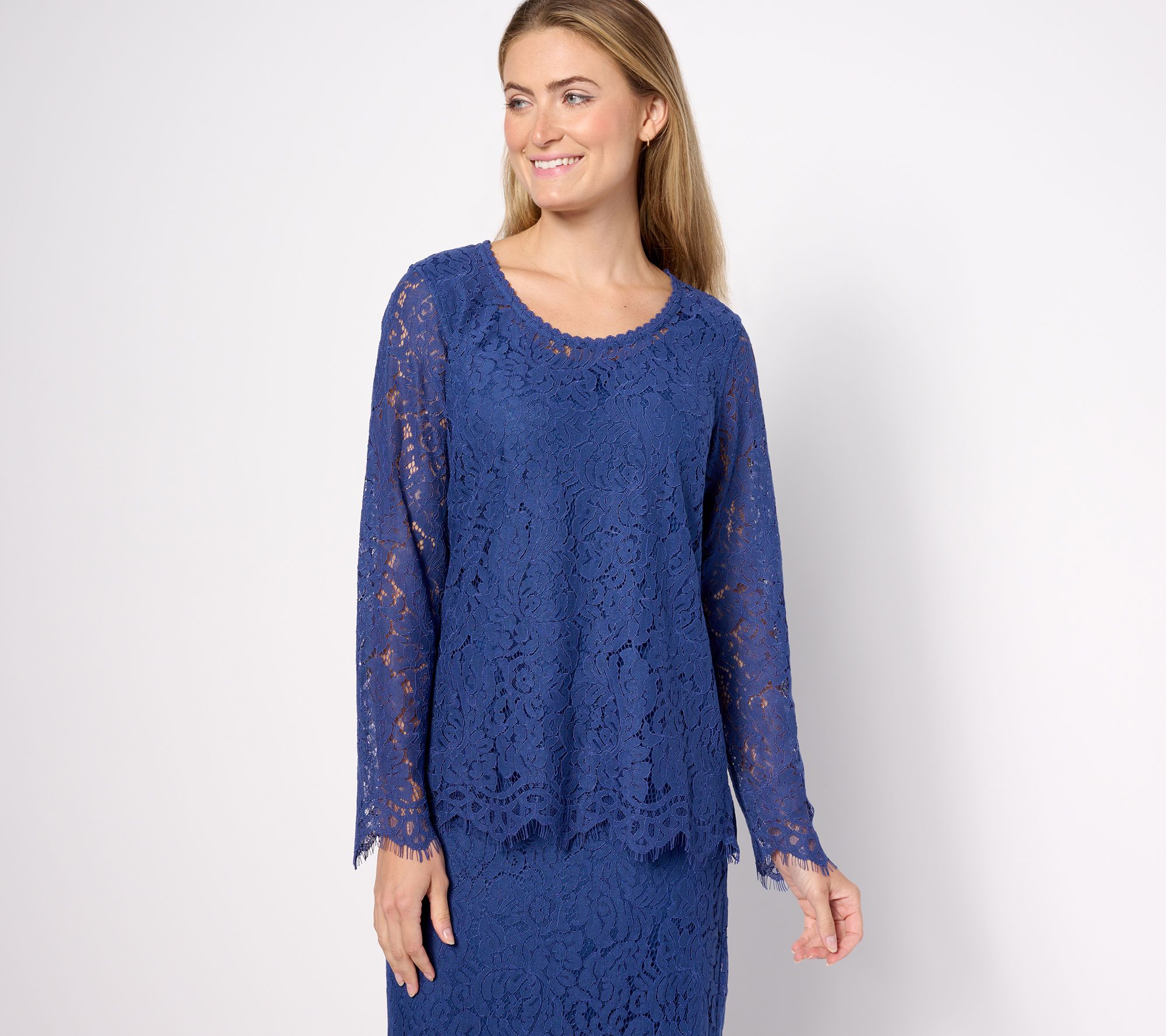 Isaac Mizrahi Live! Stretch Knit Lace Long-Sleeve Top