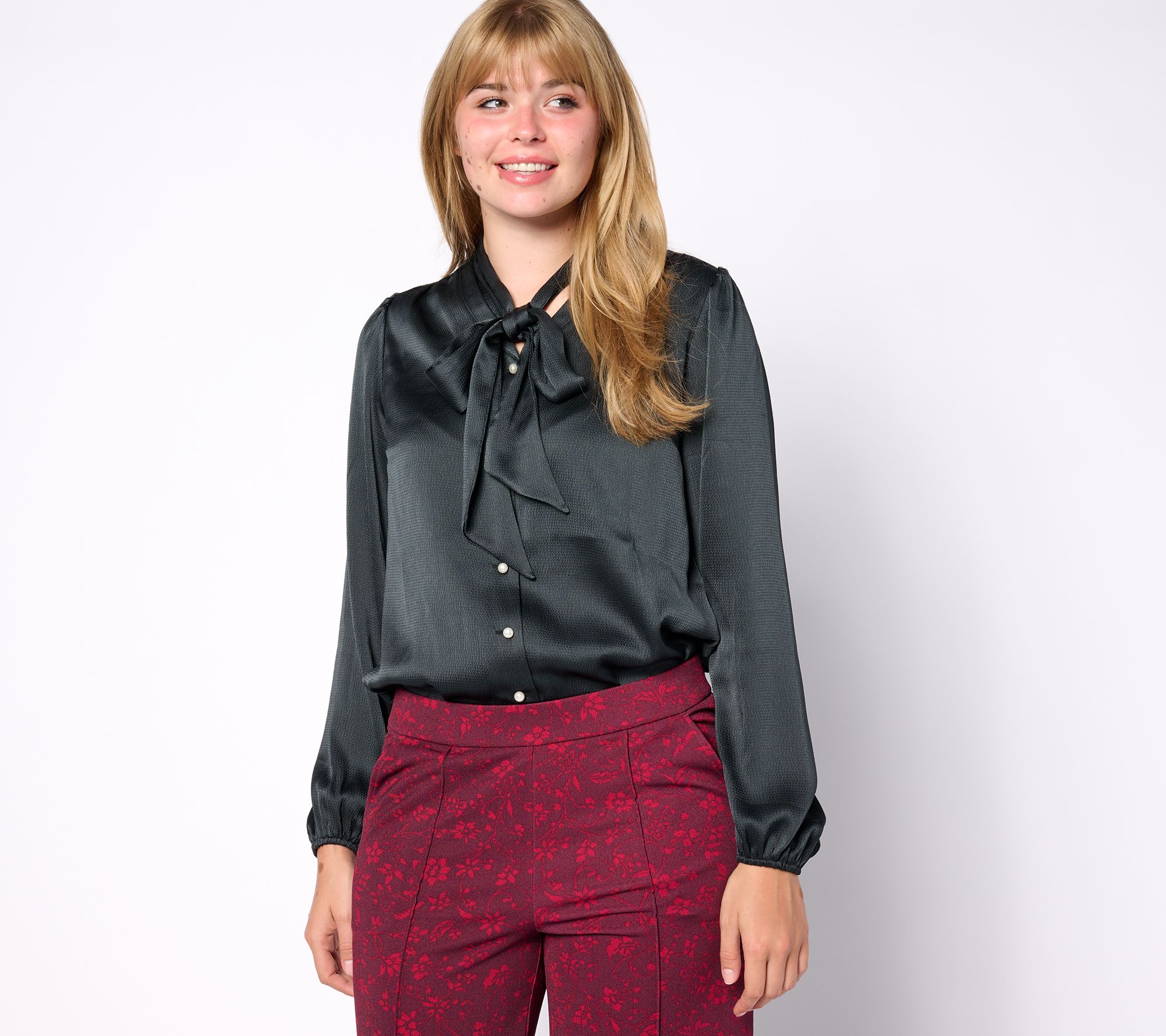 Isaac Mizrahi Live! Printed Stretch Sateen Blouse w/ Detachable Bow