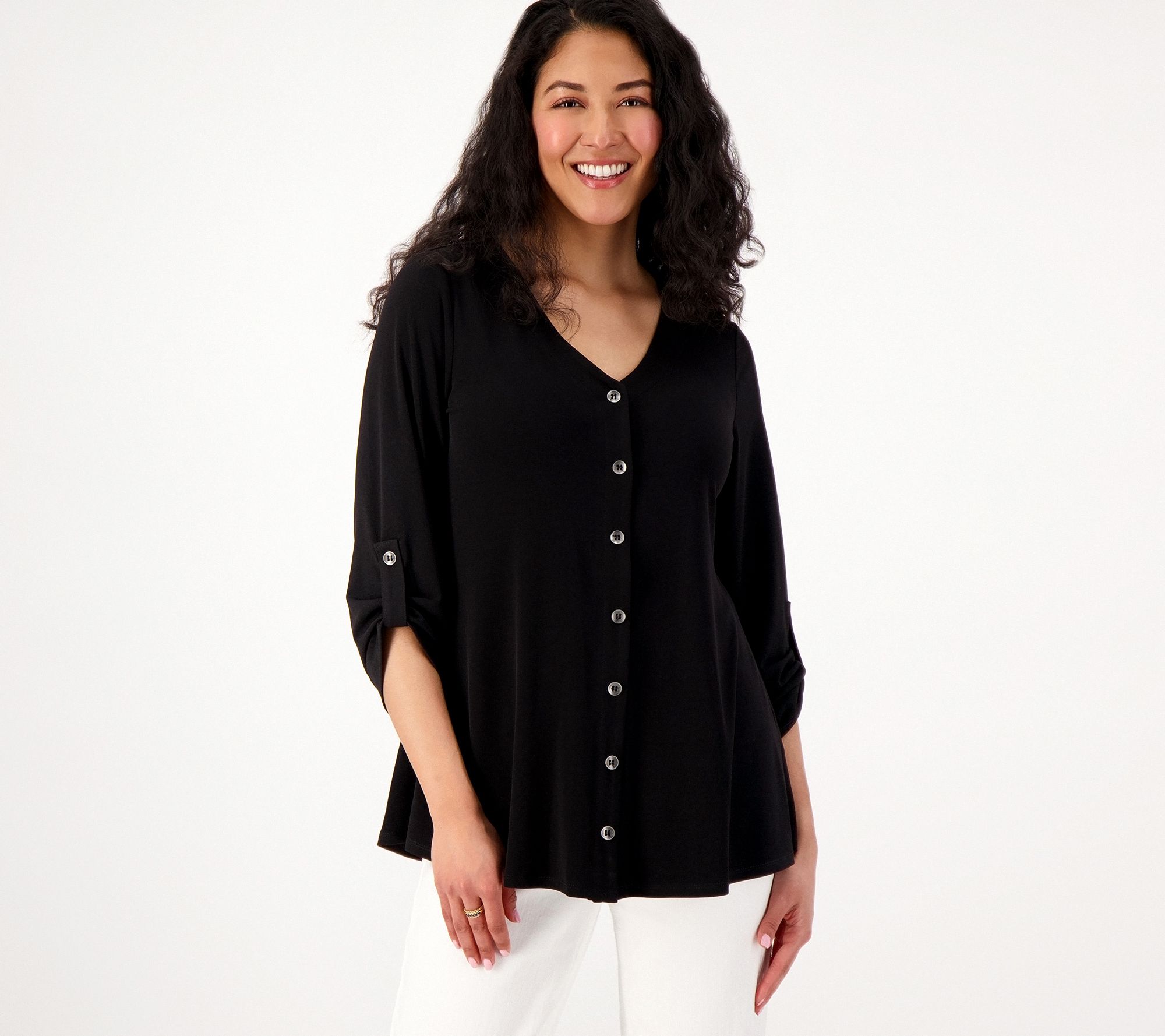 "As Is" Susan Graver Liquid Knit V-Neck Button Trimmed Roll Tab Top
