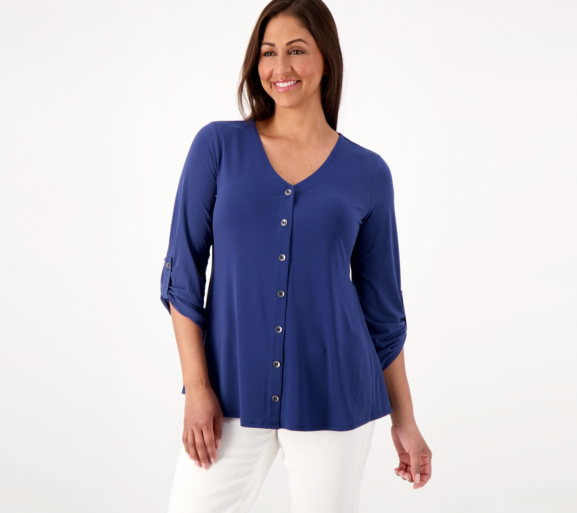 "As Is" Susan Graver Liquid Knit V-Neck Button Trimmed Roll Tab Top