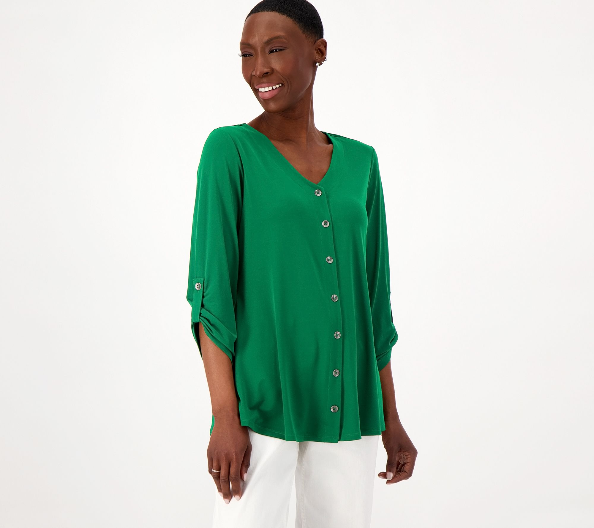 "As Is" Susan Graver Liquid Knit V-Neck Button Trimmed Roll Tab Top