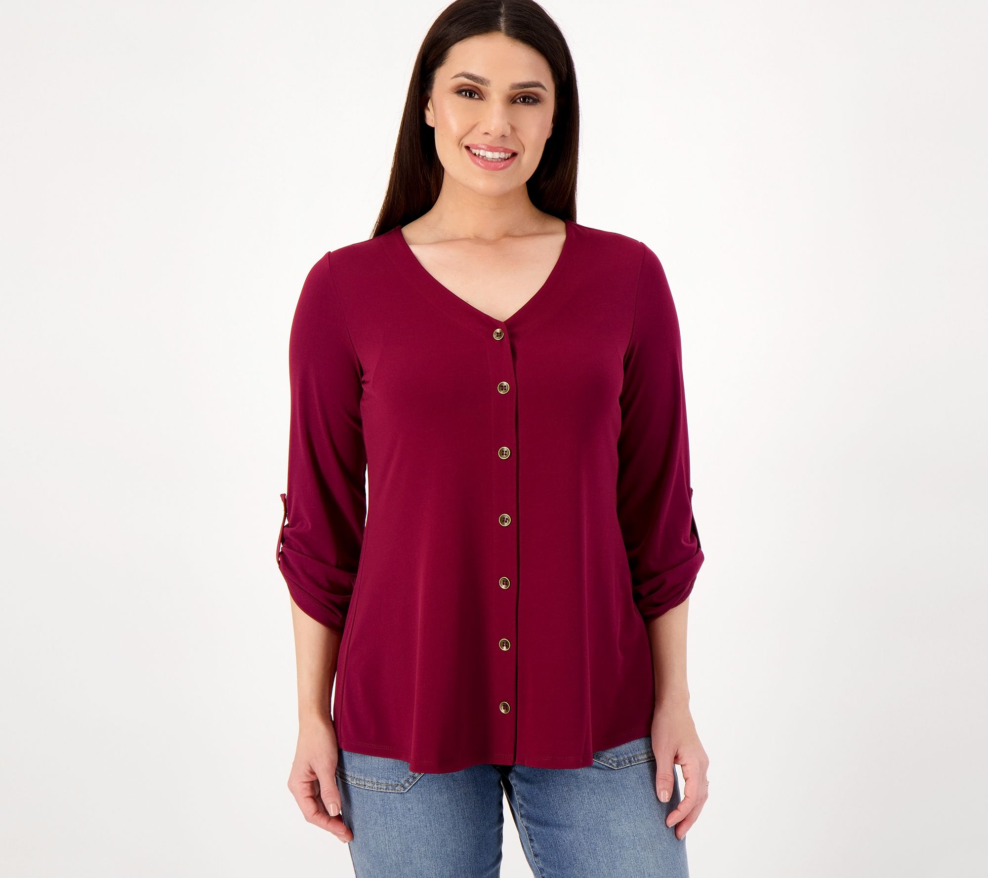 "As Is" Susan Graver Liquid Knit V-Neck Button Trimmed Roll Tab Top